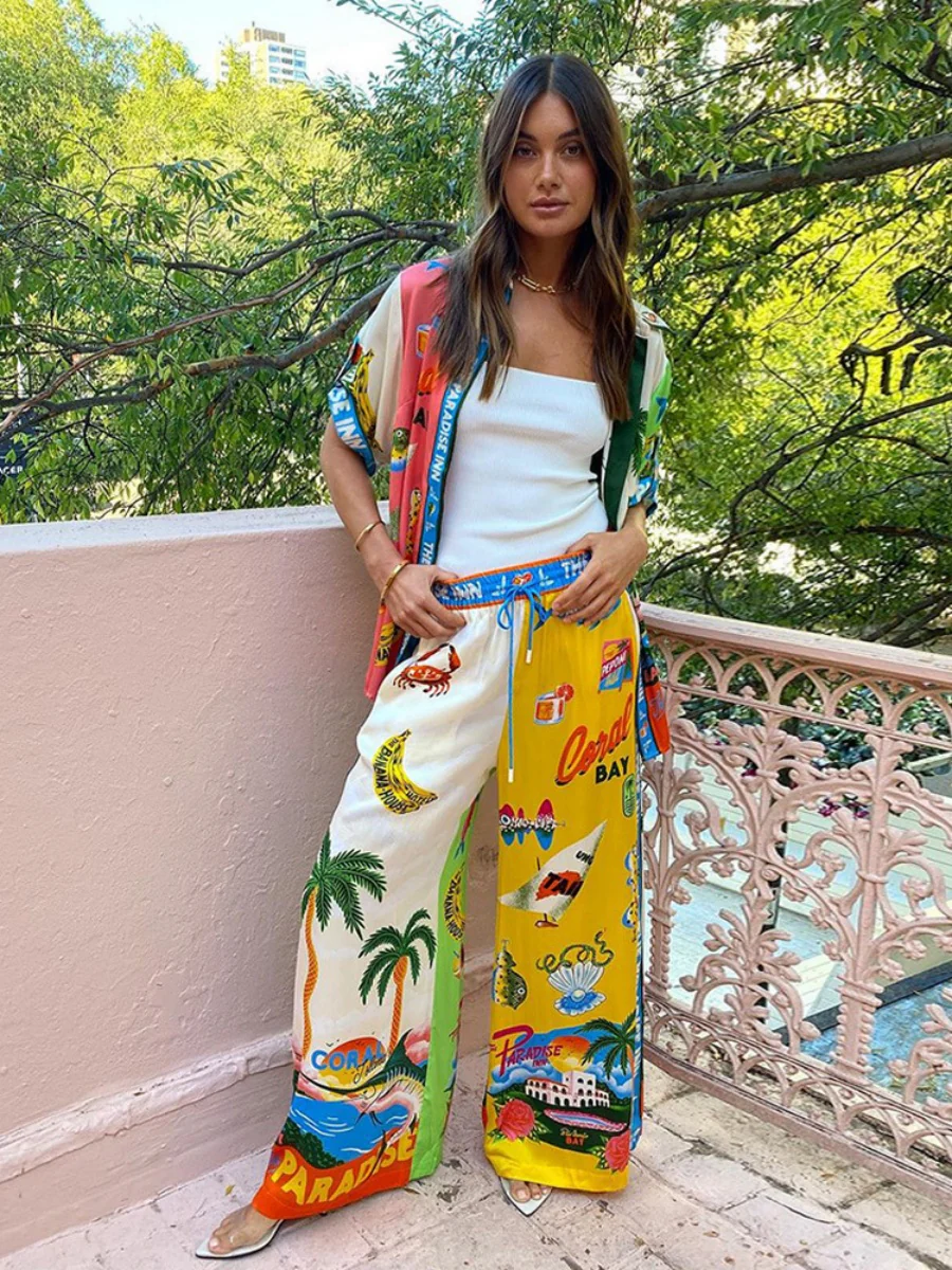 Printed Vacation Long-sleeved Shirt Pants Wide Leg Set 2-piece Sets - Image 23
