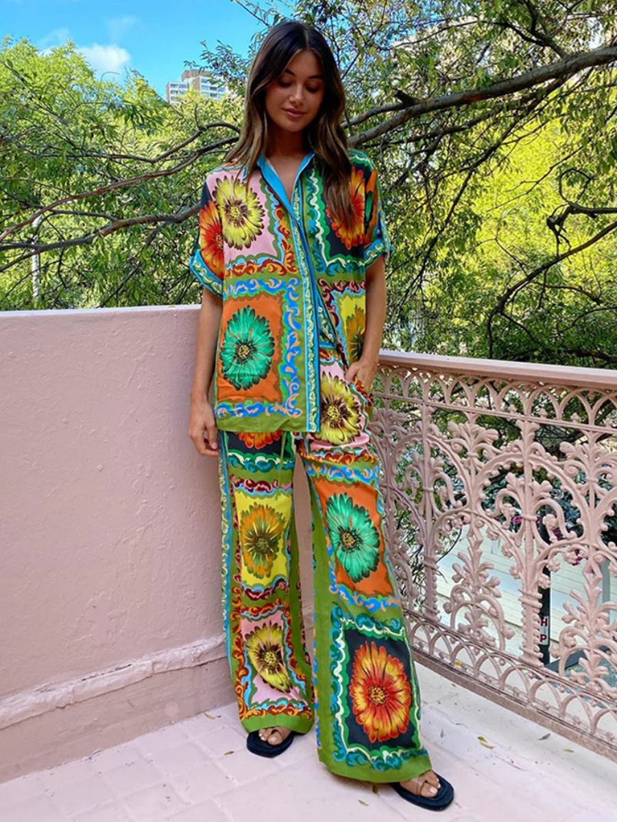 Printed Vacation Long-sleeved Shirt Pants Wide Leg Set 2-piece Sets - Image 7