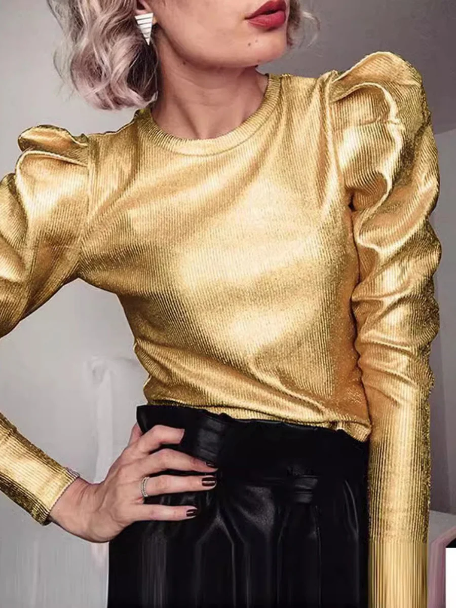 Hot Stamping Bright Colors Leg Of Mutton Sleeves Long Sleeve T-shirts