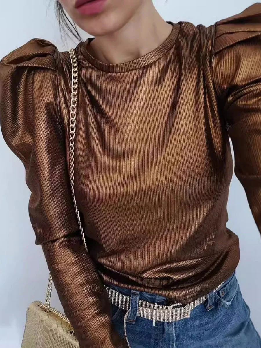 Hot Stamping Bright Colors Leg Of Mutton Sleeves Long Sleeve T-shirts - Image 4