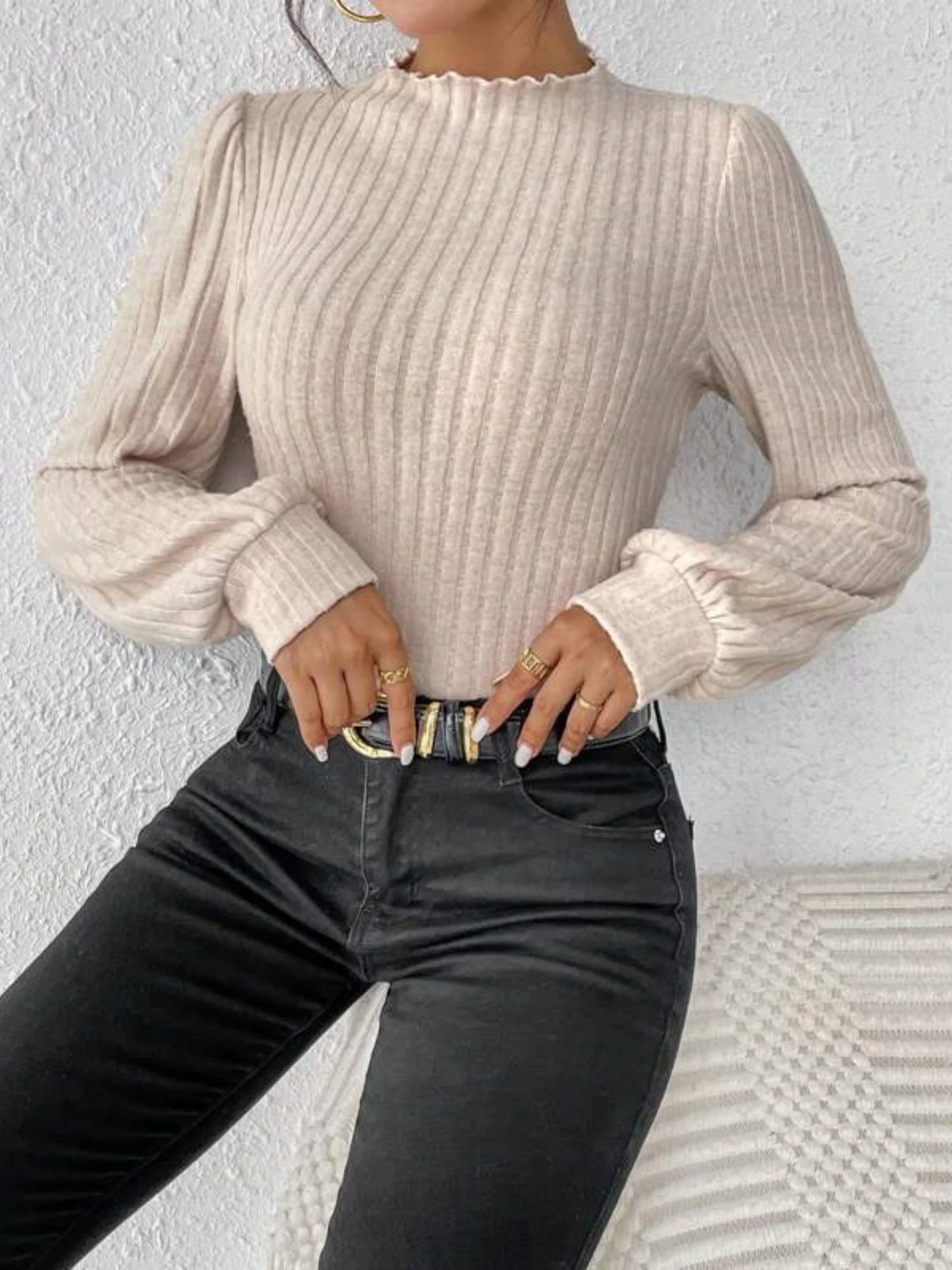 Ruffled Hem Stand Collar Lantern Sleeve Long-sleeved Knitted Brushed Ribbed Bodysuit Top - Image 3