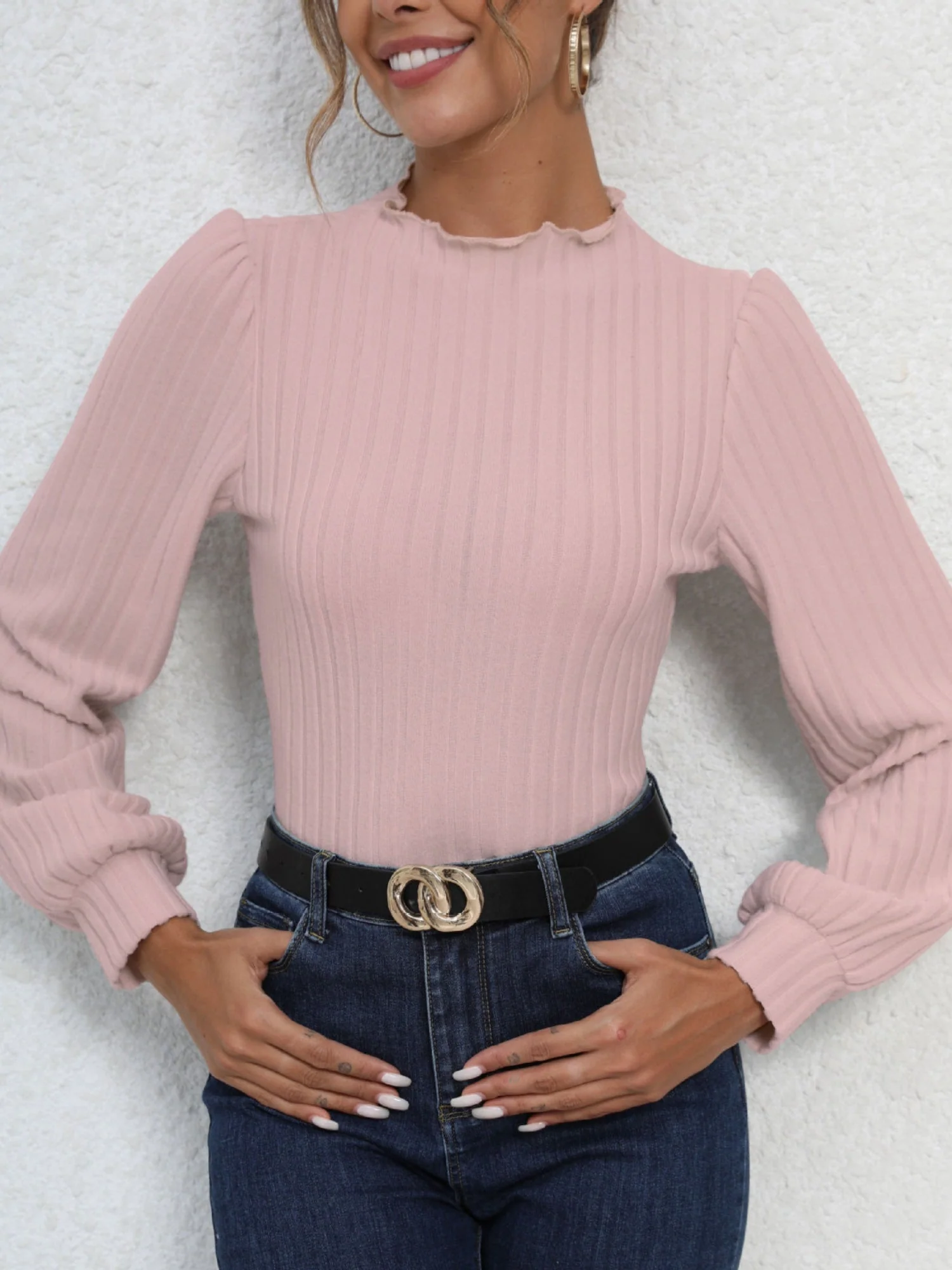 Ruffled Hem Stand Collar Lantern Sleeve Long-sleeved Knitted Brushed Ribbed Bodysuit Top - Image 4