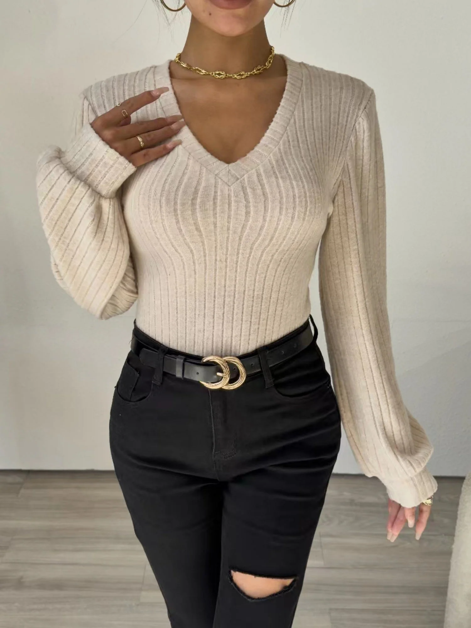 V-neck Brushed Ribbed Lantern Sleeve Long-sleeved Knitted Bodycon Jumpsuit Top - Image 4