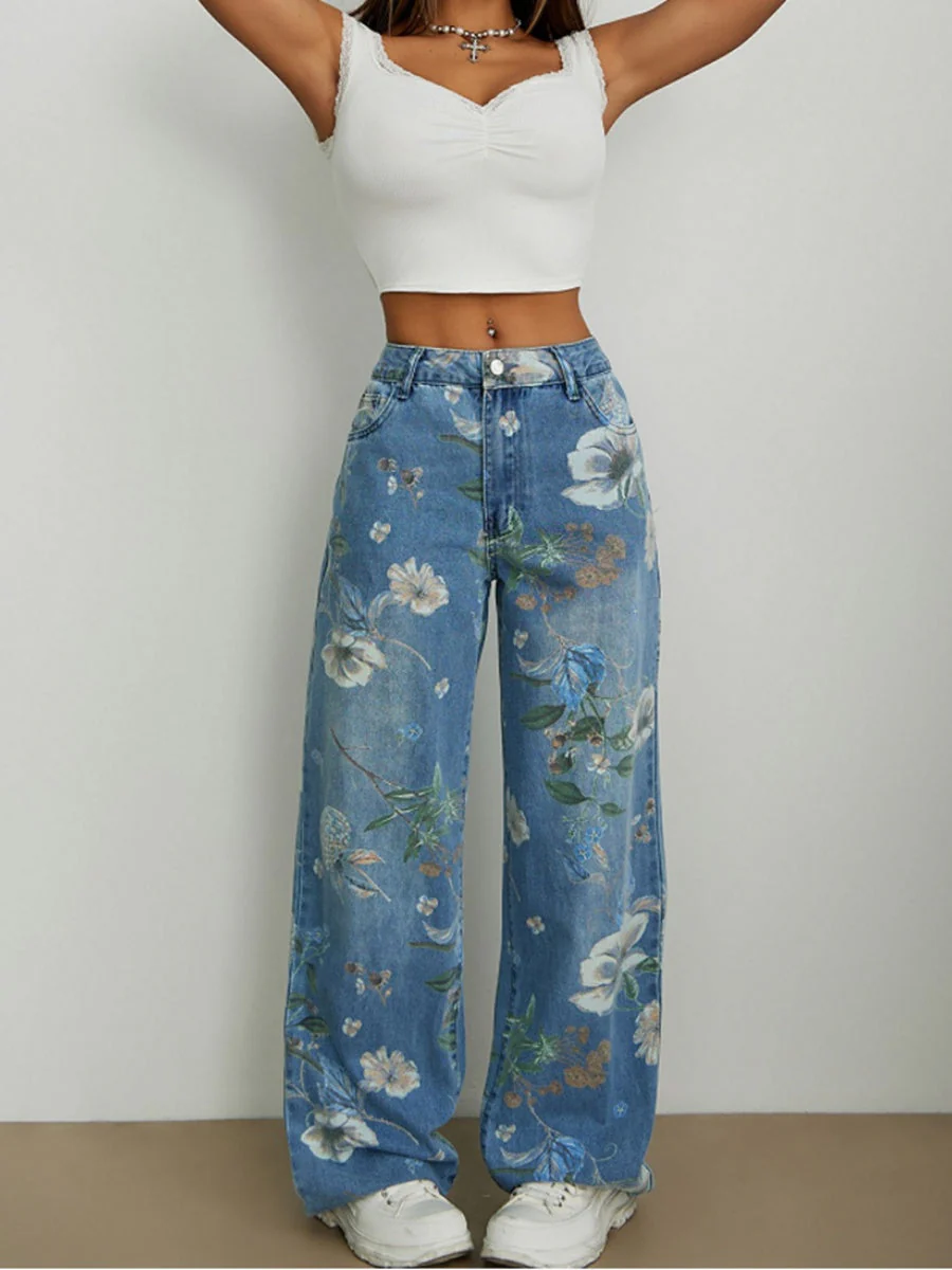 Loose Straight Wide Leg Floral Printed Jeans - Image 3