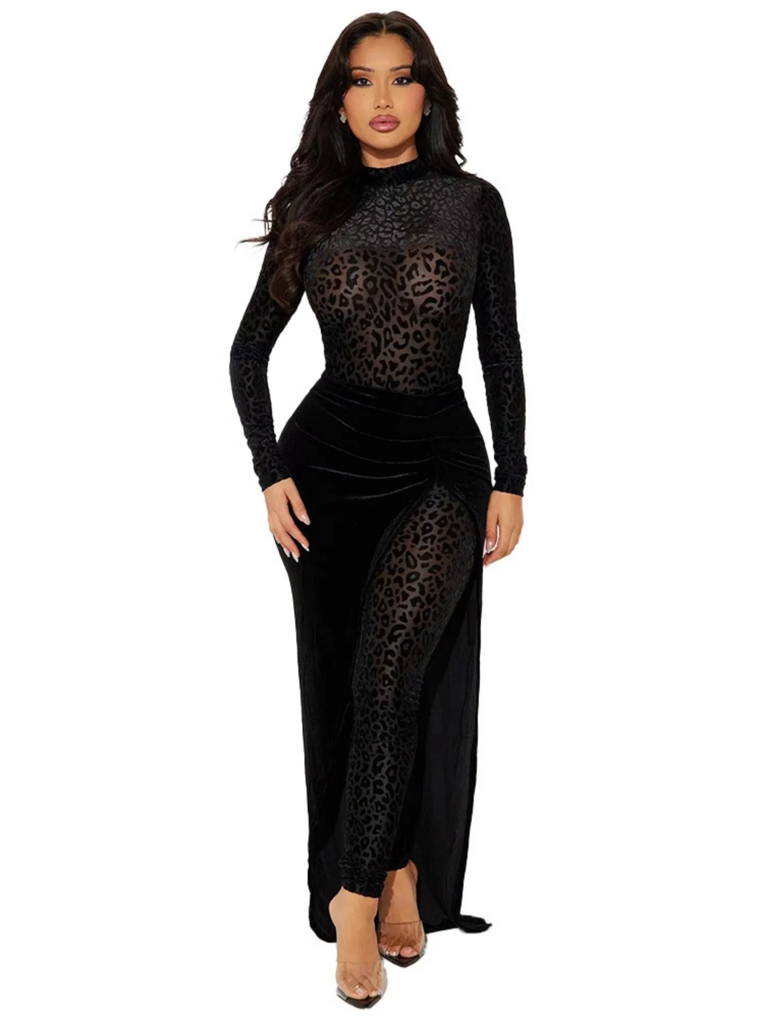 Leopard Print Velvet Sexy See-through Two-piece Set Bodysuit/Pants - Image 2