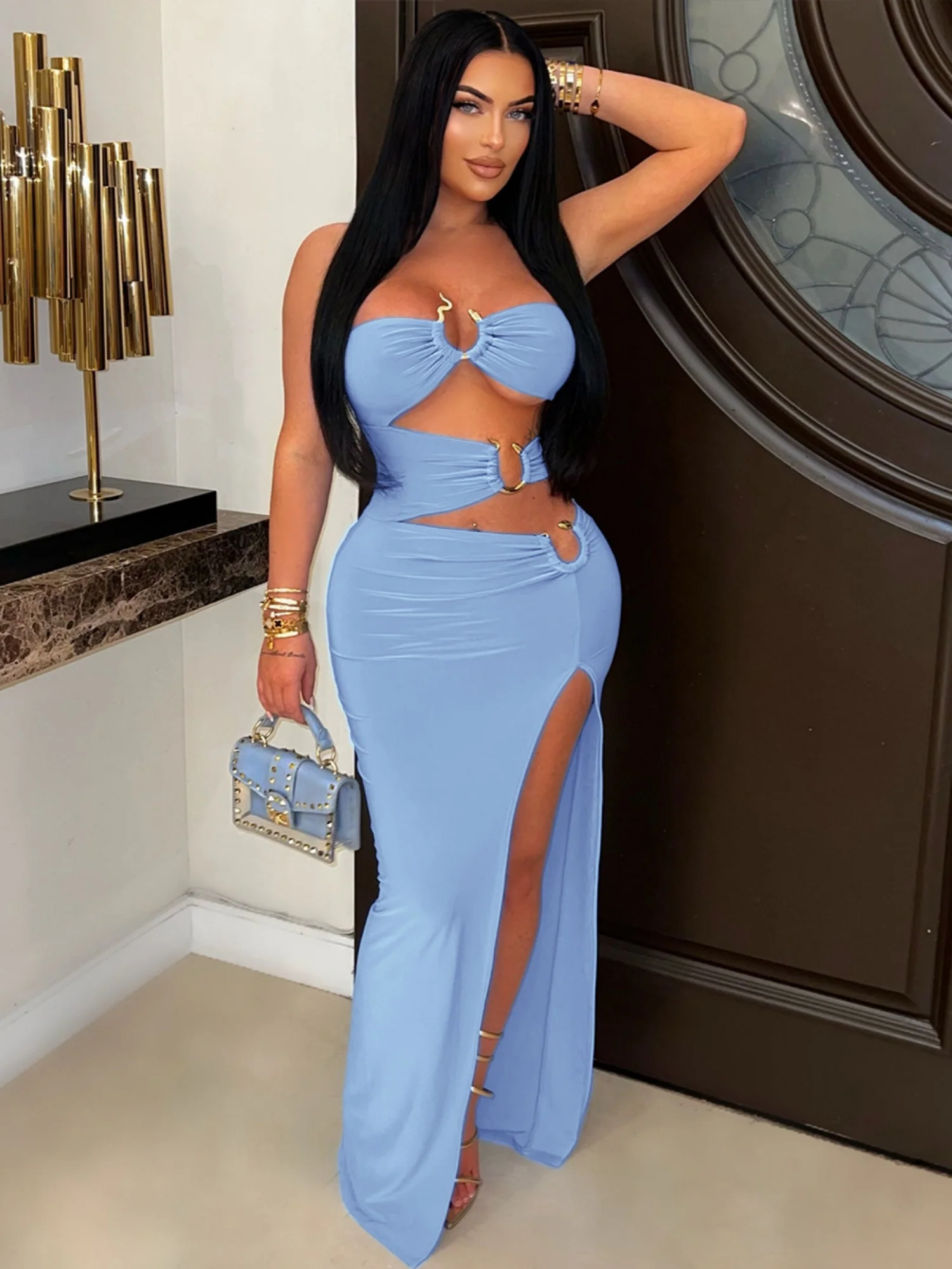 Hollow Out Metal Ring Splicing High Fork Hip Wrap Pleated Maxi Dresses - Image 2