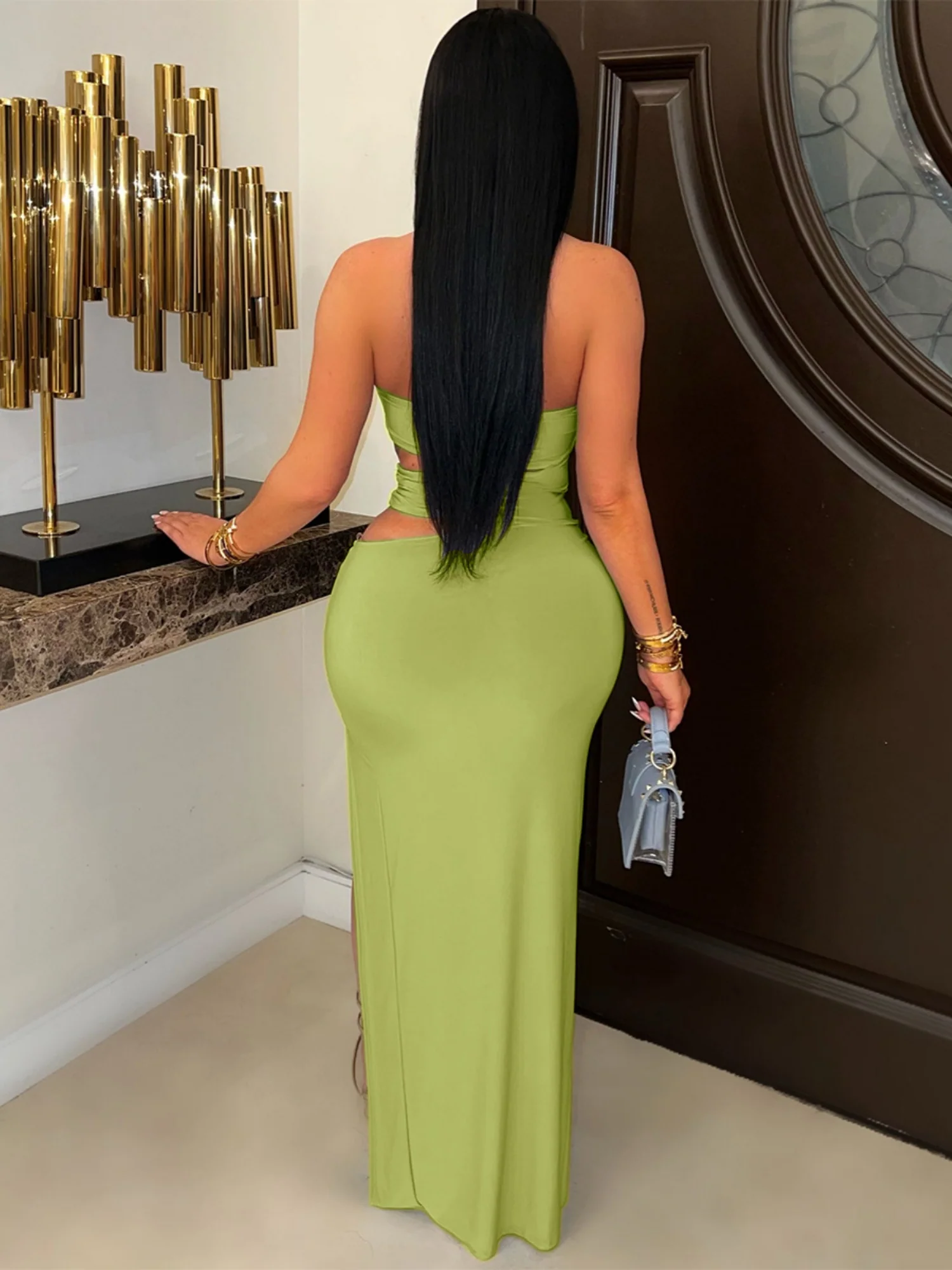 Hollow Out Metal Ring Splicing High Fork Hip Wrap Pleated Maxi Dresses - Image 5