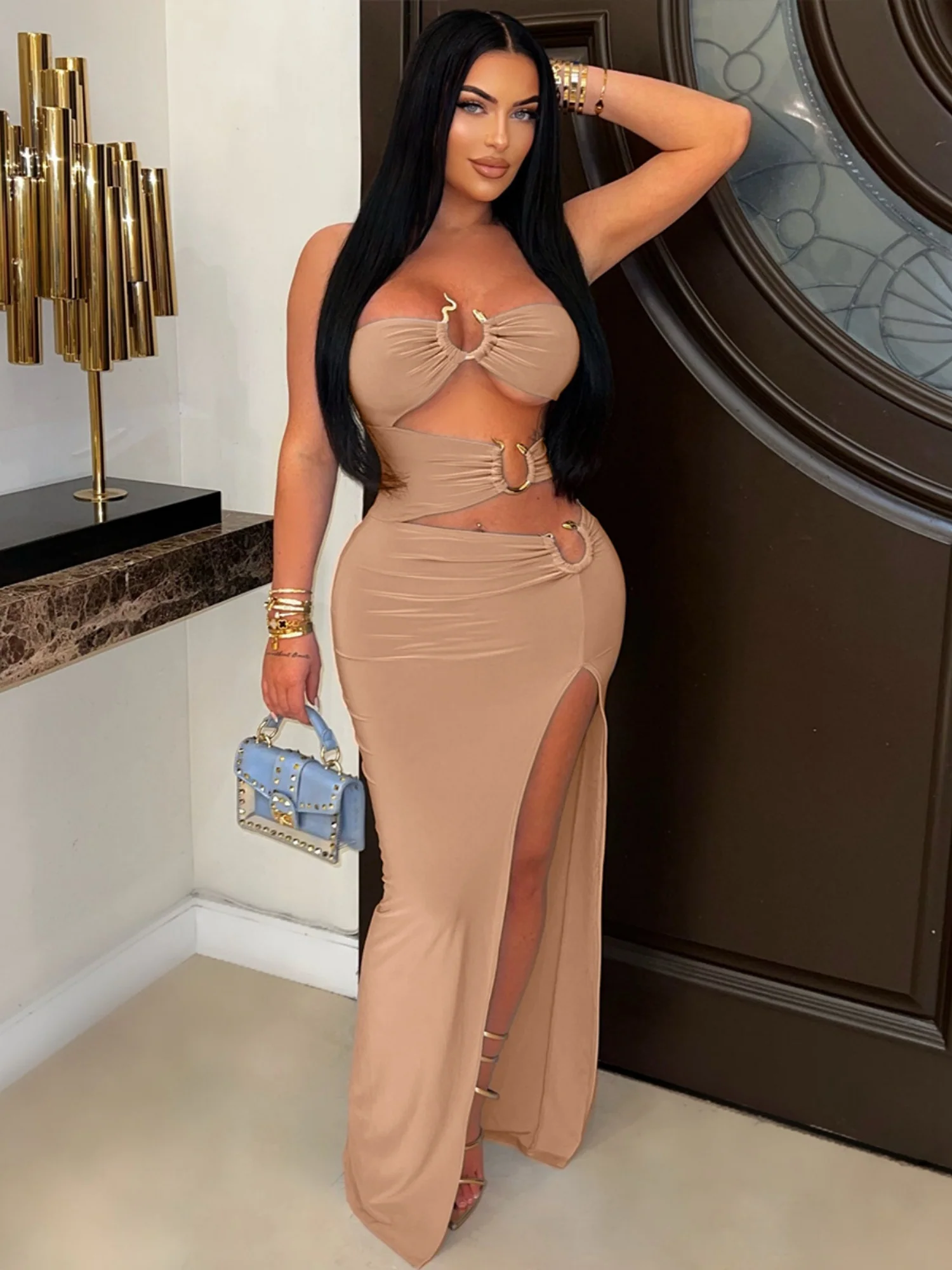 Hollow Out Metal Ring Splicing High Fork Hip Wrap Pleated Maxi Dresses - Image 6