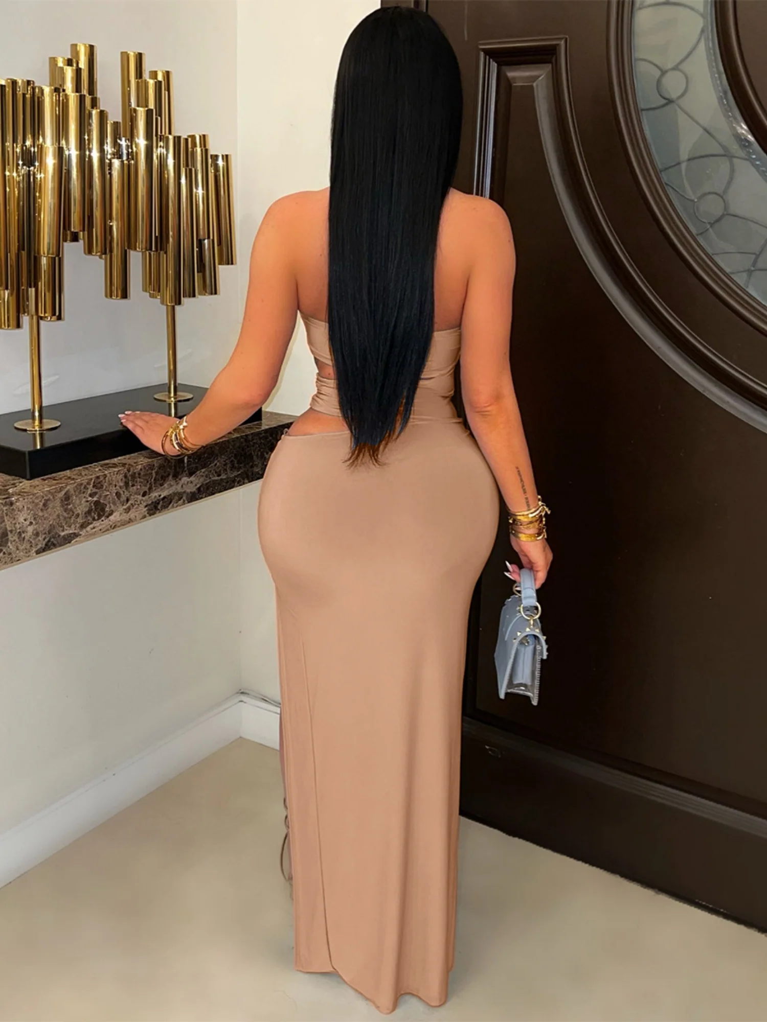 Hollow Out Metal Ring Splicing High Fork Hip Wrap Pleated Maxi Dresses - Image 7