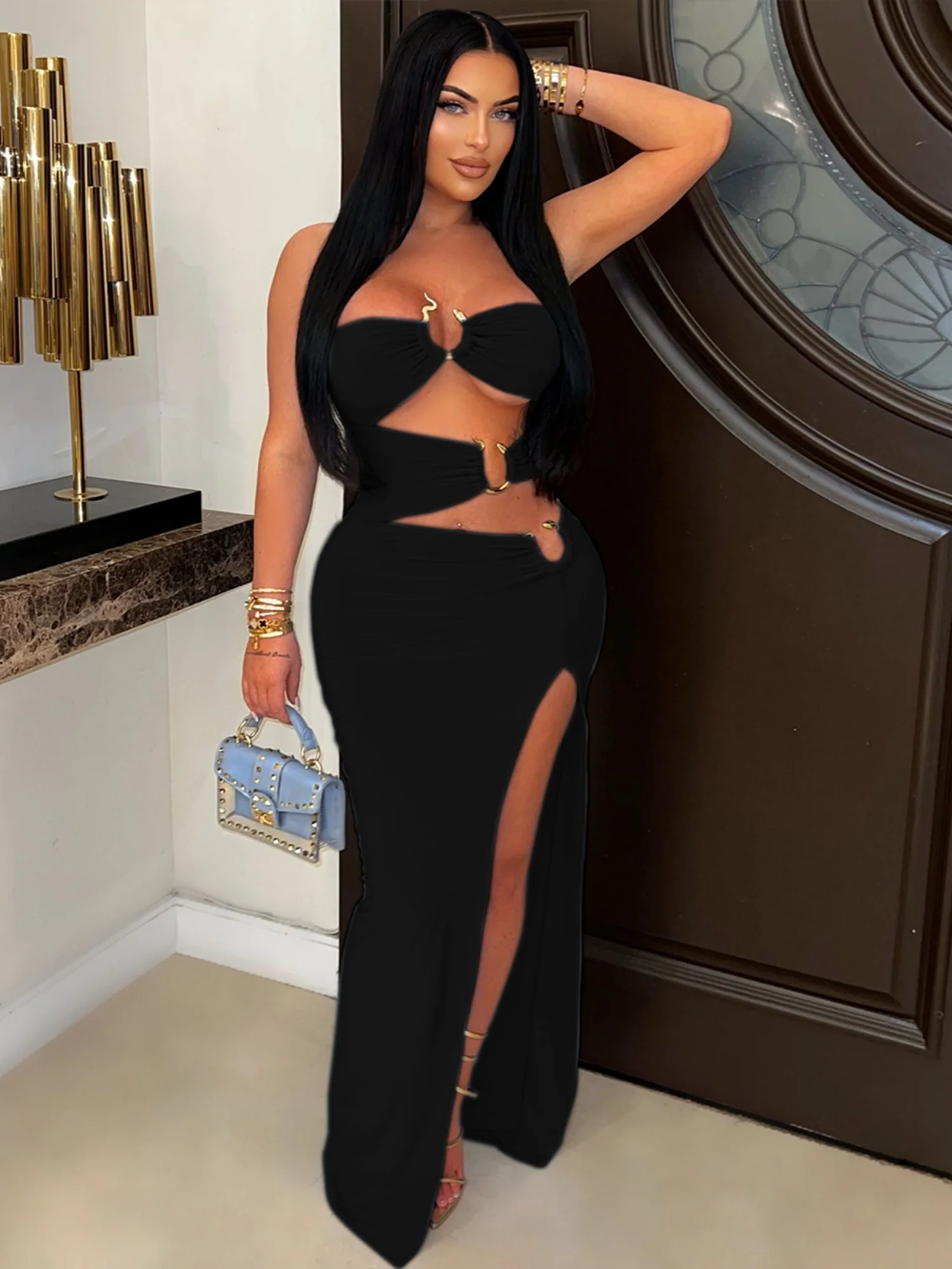Hollow Out Metal Ring Splicing High Fork Hip Wrap Pleated Maxi Dresses - Image 8