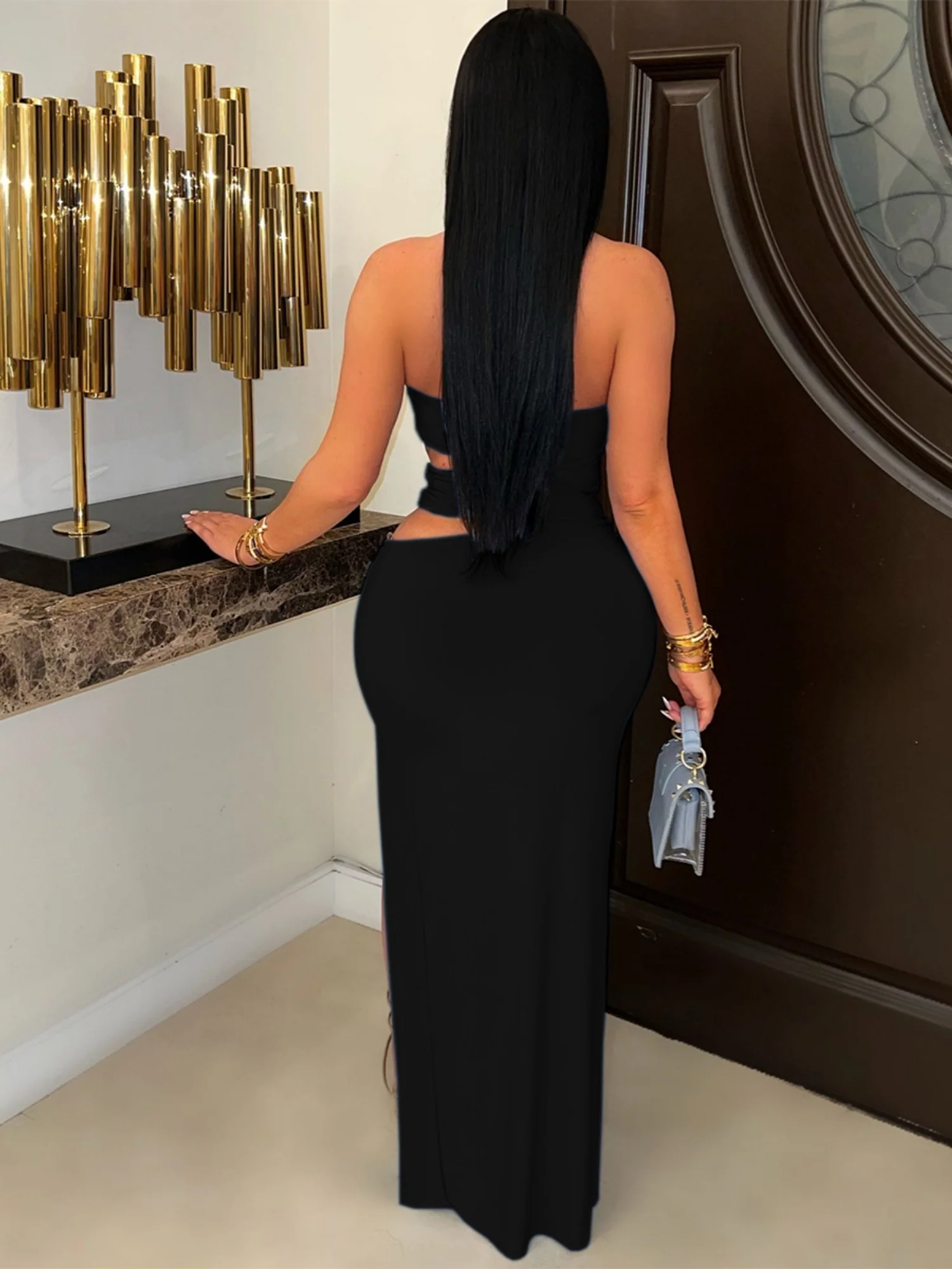 Hollow Out Metal Ring Splicing High Fork Hip Wrap Pleated Maxi Dresses - Image 9
