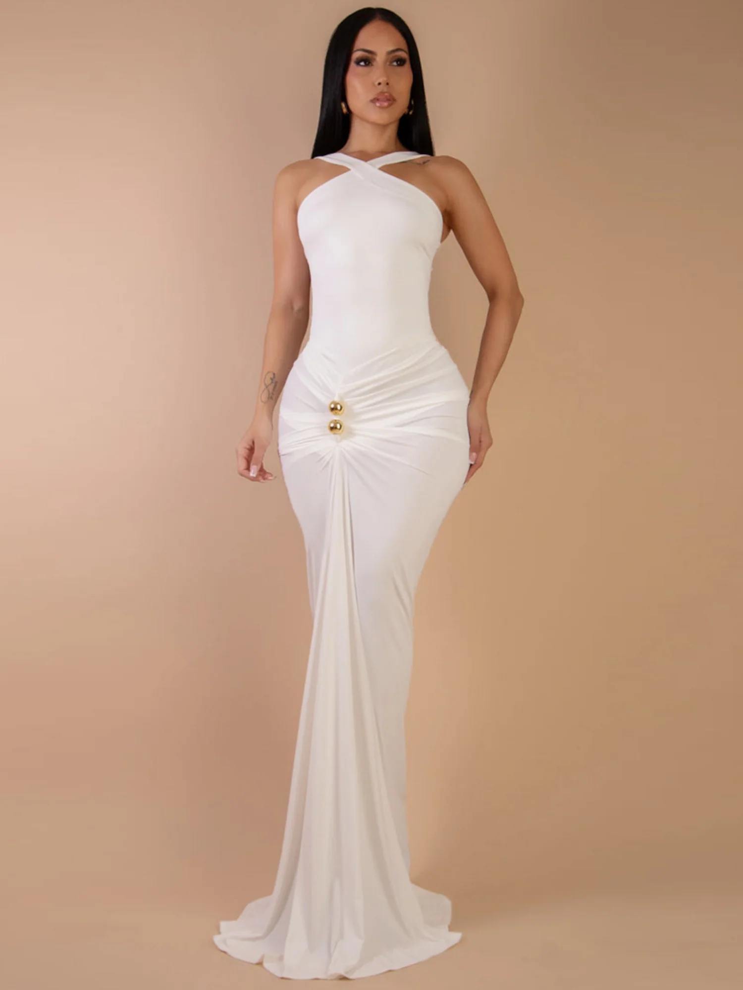 Metal Decoration Cross Shoulder Straps Hip Wrap Pleated Maxi Dresses - Image 4