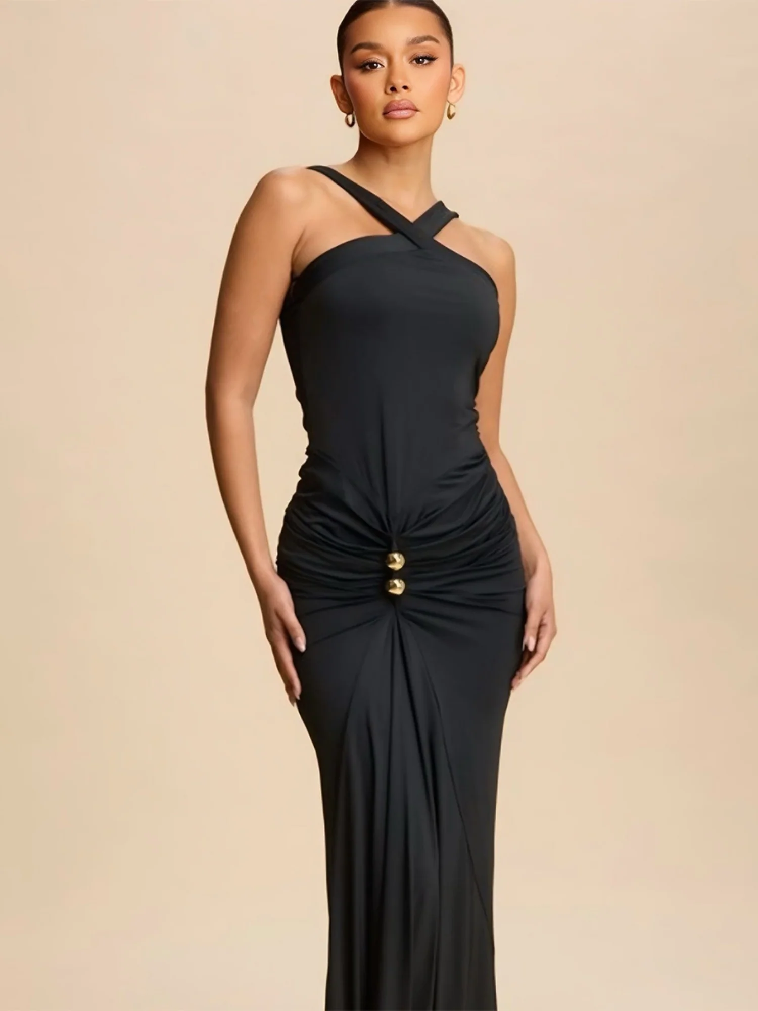 Metal Decoration Cross Shoulder Straps Hip Wrap Pleated Maxi Dresses - Image 9