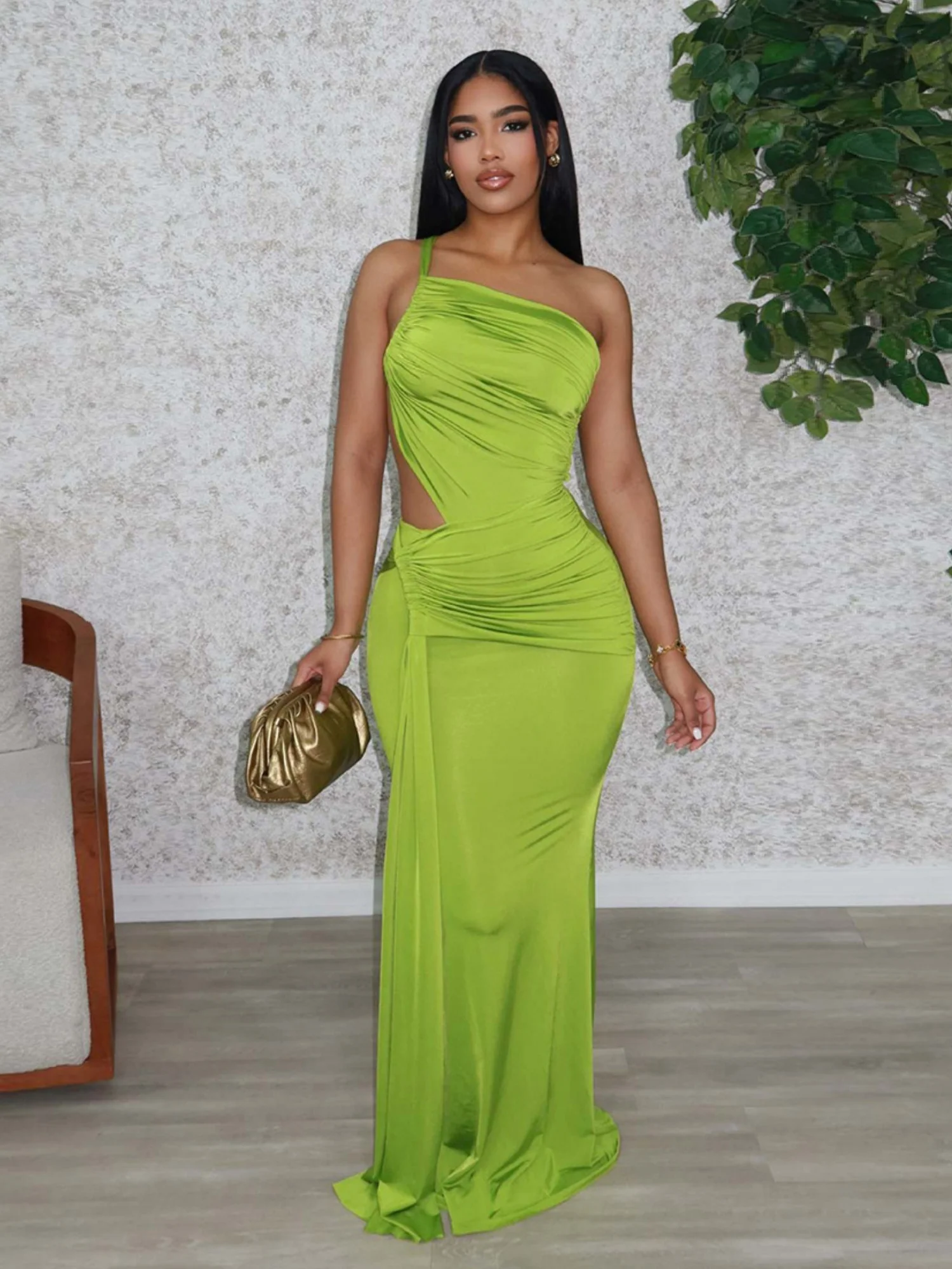 Ribbon Pleated One Shoulder Backless Maxi Dresses - Image 2