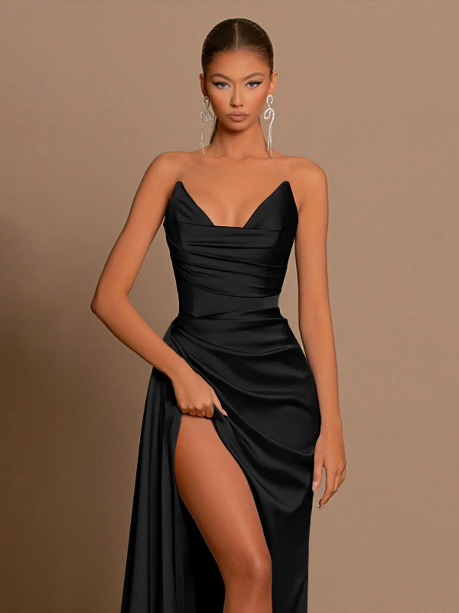 Sexy Strapless Style Deep V-neck Satin Waist Corset Dinner Party Long Dress - Image 3