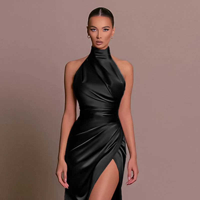 Halter Stand Collar Sleeveless Slit Formal Dress Parties Maxi Dresses