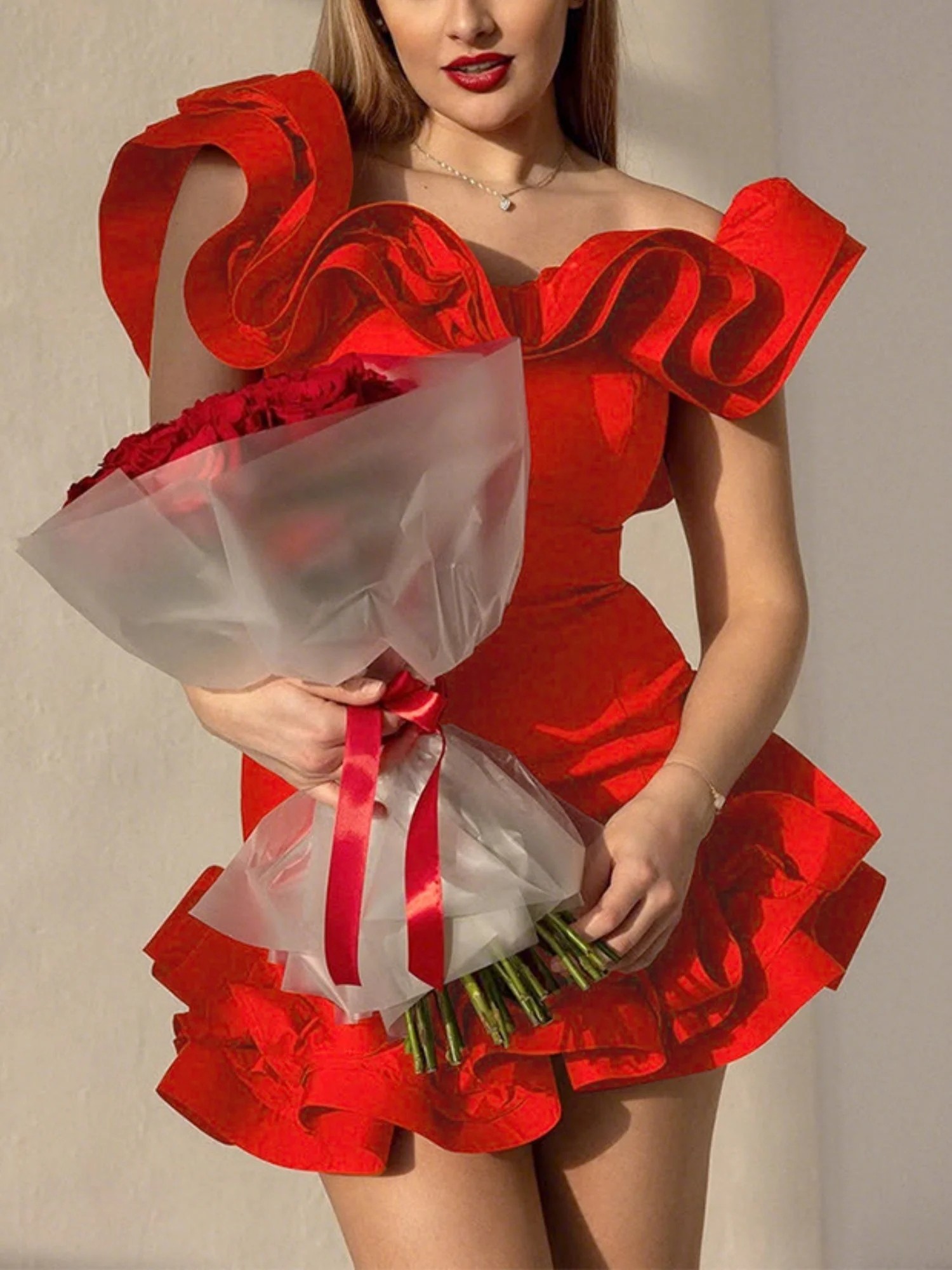 3D Flowers Valentine's Day Off-shoulder Strapless Top Pleated Mini&Short Dresses - Image 2