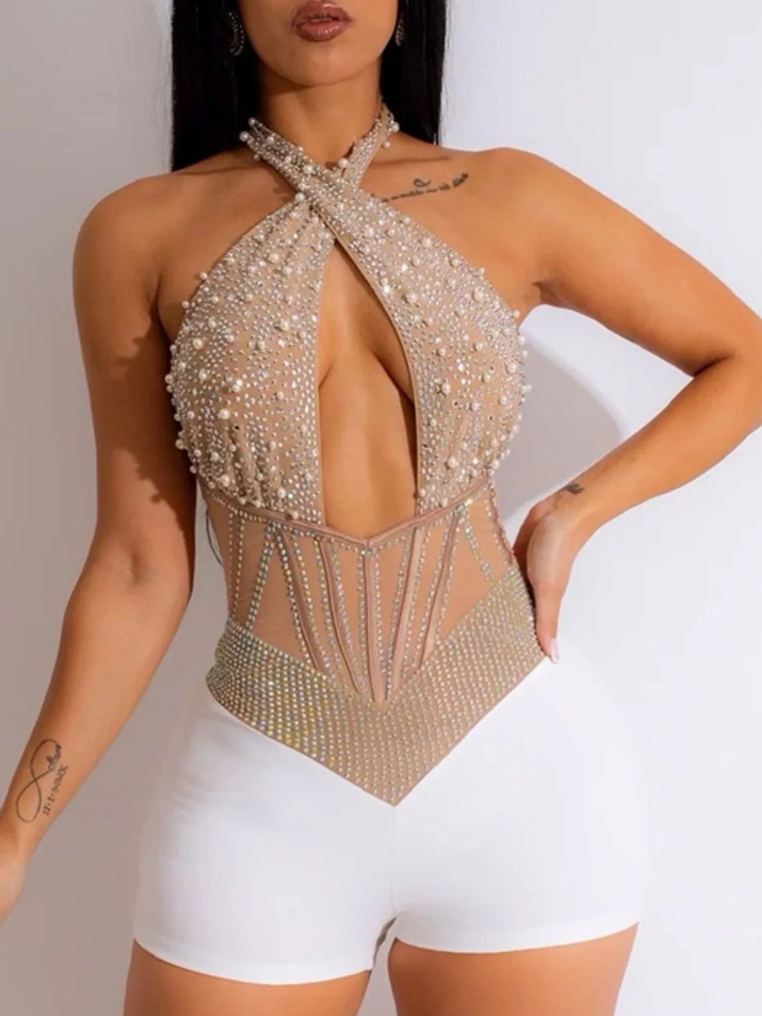 Hot-fix Rhinestones And Bubbles Mesh Splicing Halter Neck Cutout Sleeveless Jumpsuits - Image 5