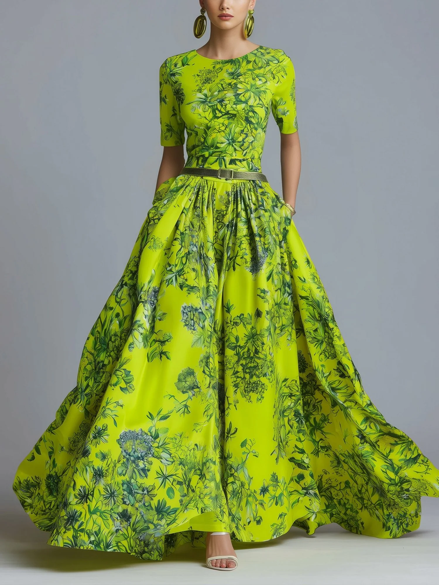 Printed Crew Neck Short Sleeve Zipper Maxi Dresses