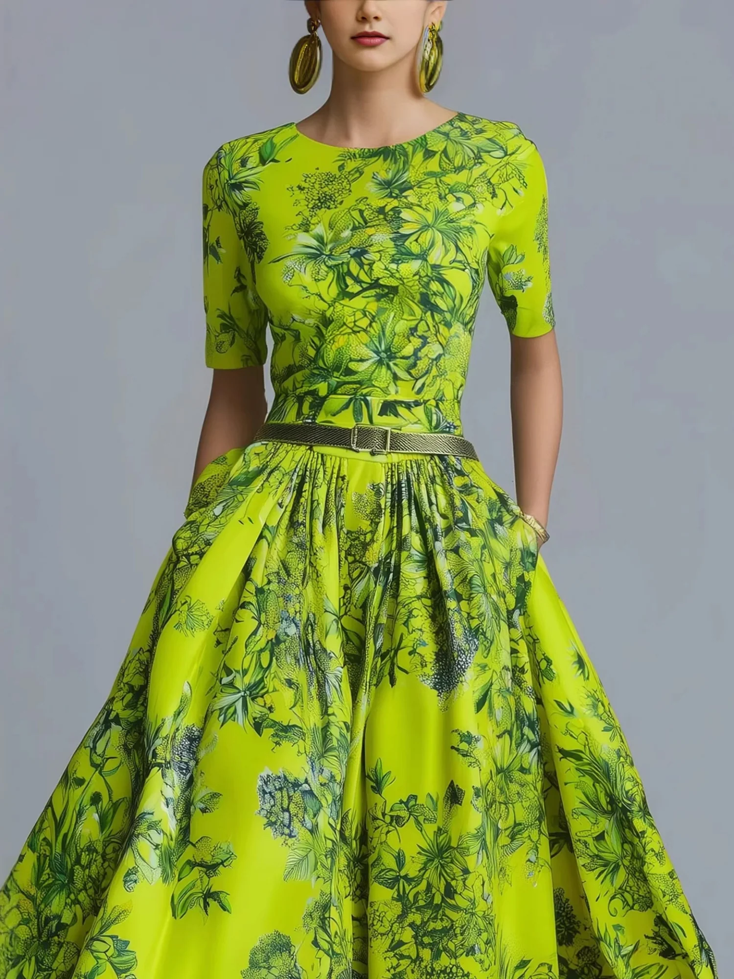 Printed Crew Neck Short Sleeve Zipper Maxi Dresses - Image 3