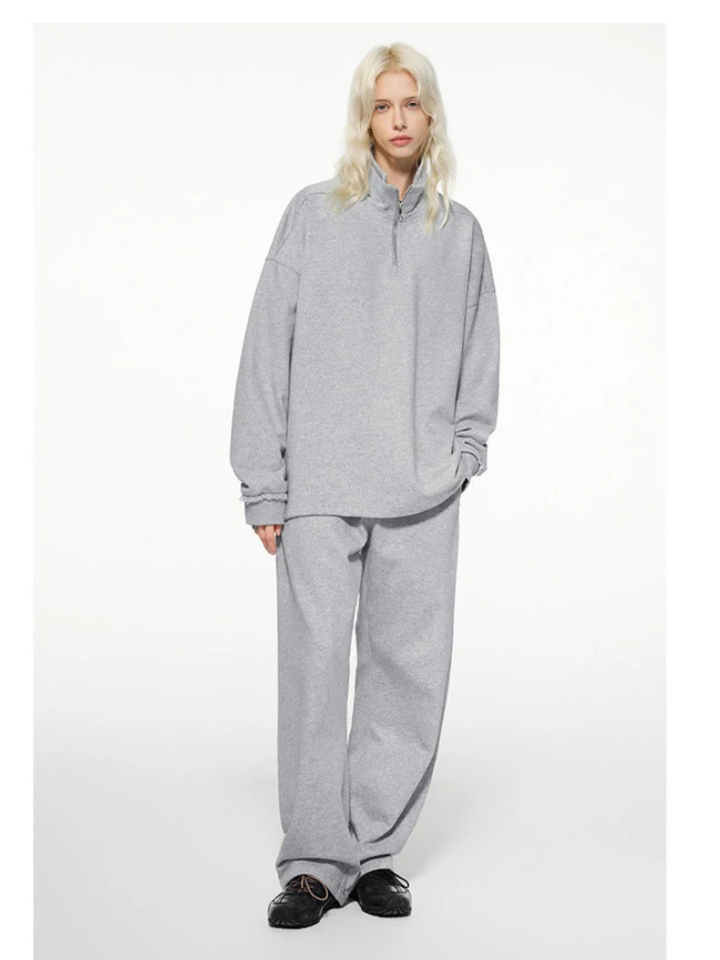 Half Zipper Stand Collar Rough Edge Splicing Sweatshirts&Hoodies Straight-leg Trousers Set - Image 7