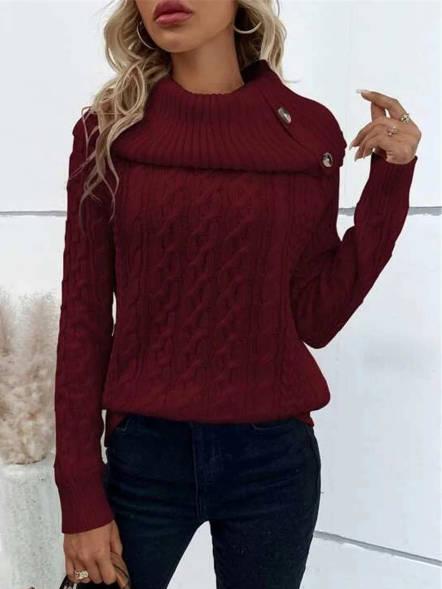 Turtleneck Buttons Raglan Sleeves Sweaters - Image 6