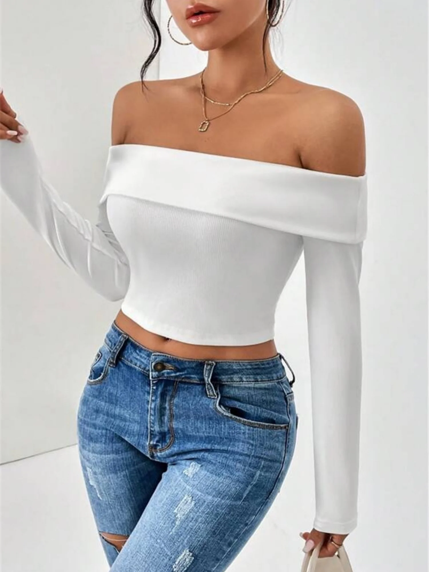 Off-shoulder Slim Fit Short Long-sleeved T-shirt - Image 3