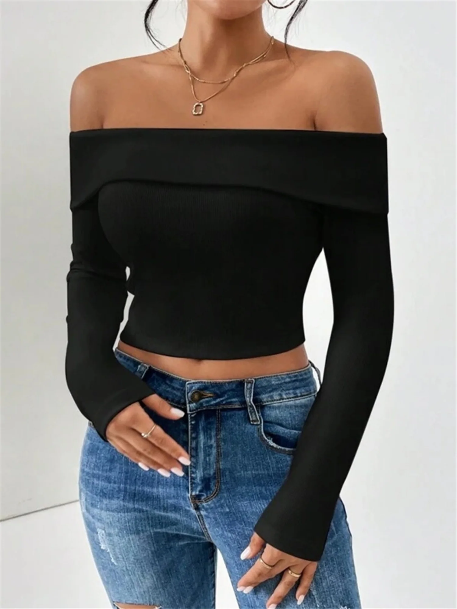 Off-shoulder Slim Fit Short Long-sleeved T-shirt - Image 5