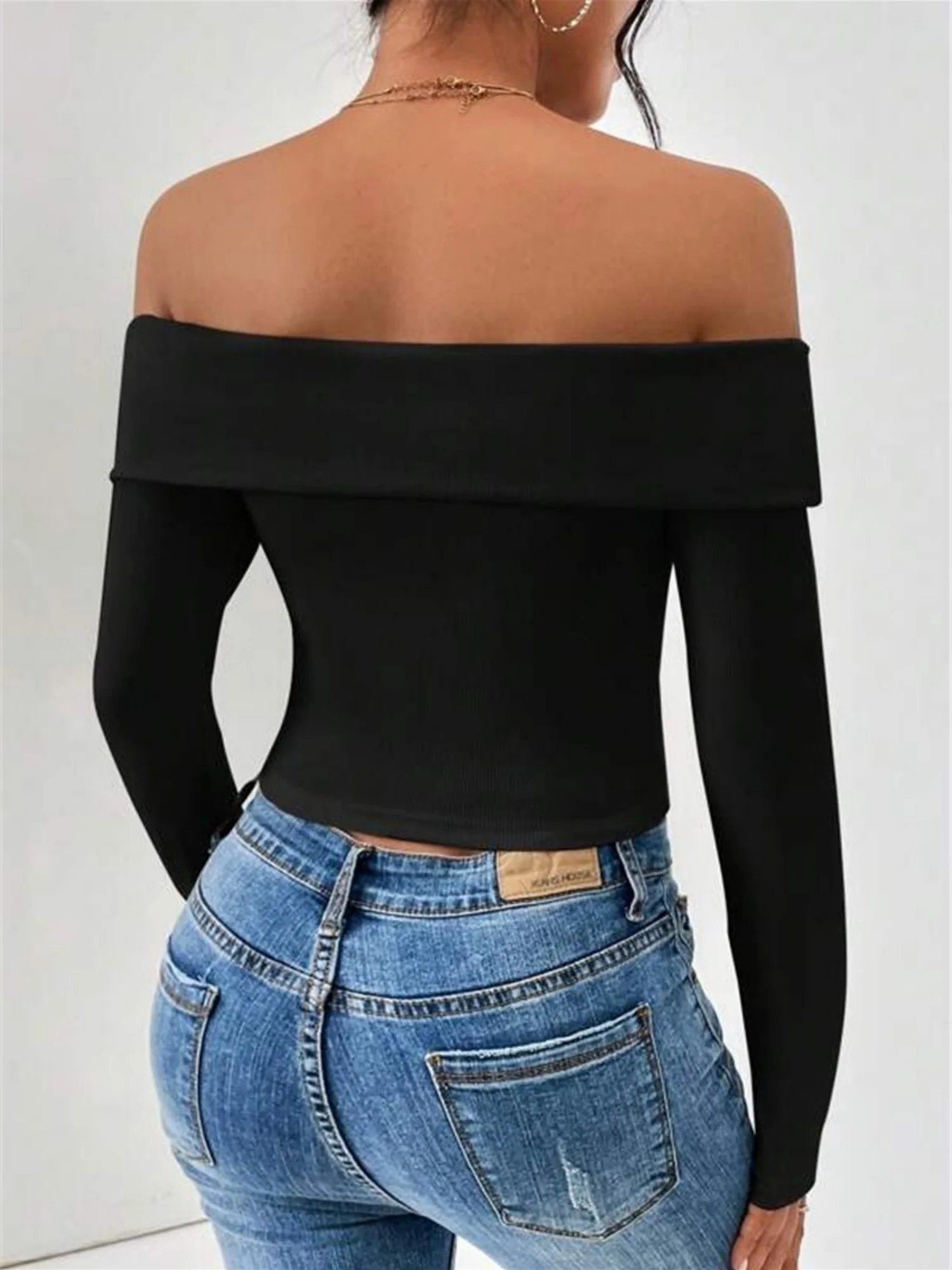 Off-shoulder Slim Fit Short Long-sleeved T-shirt - Image 6