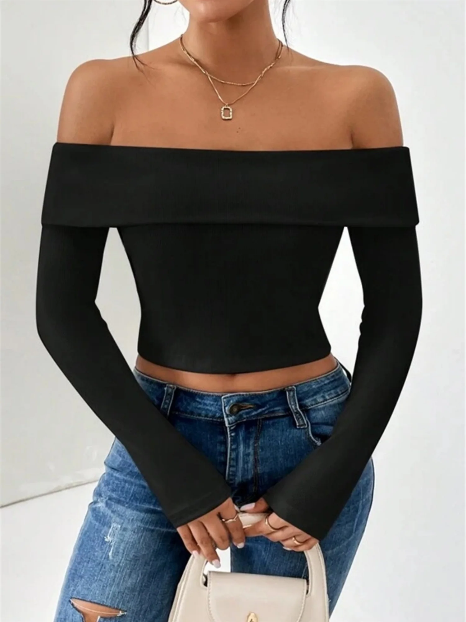 Off-shoulder Slim Fit Short Long-sleeved T-shirt - Image 7