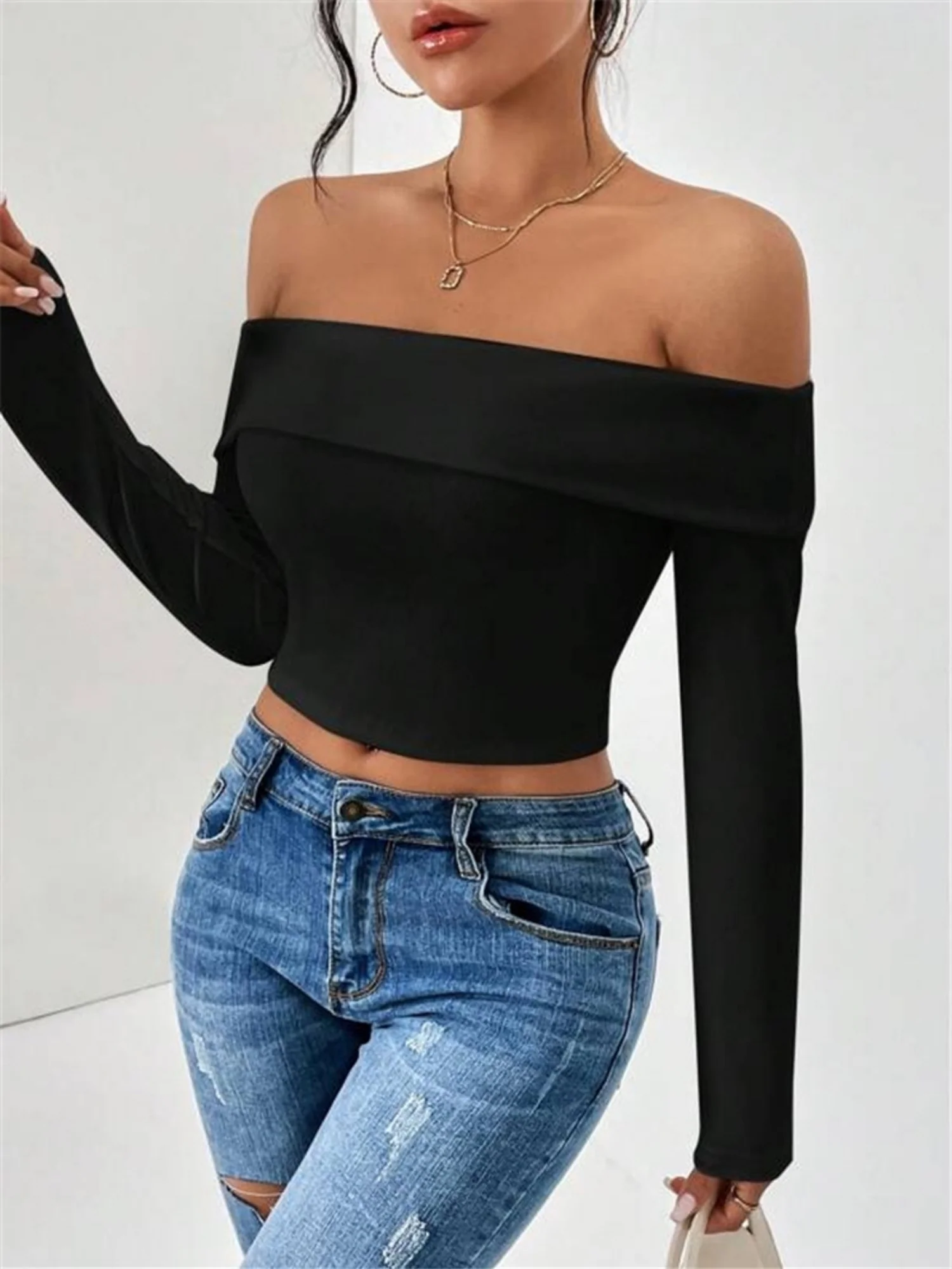 Off-shoulder Slim Fit Short Long-sleeved T-shirt - Image 8