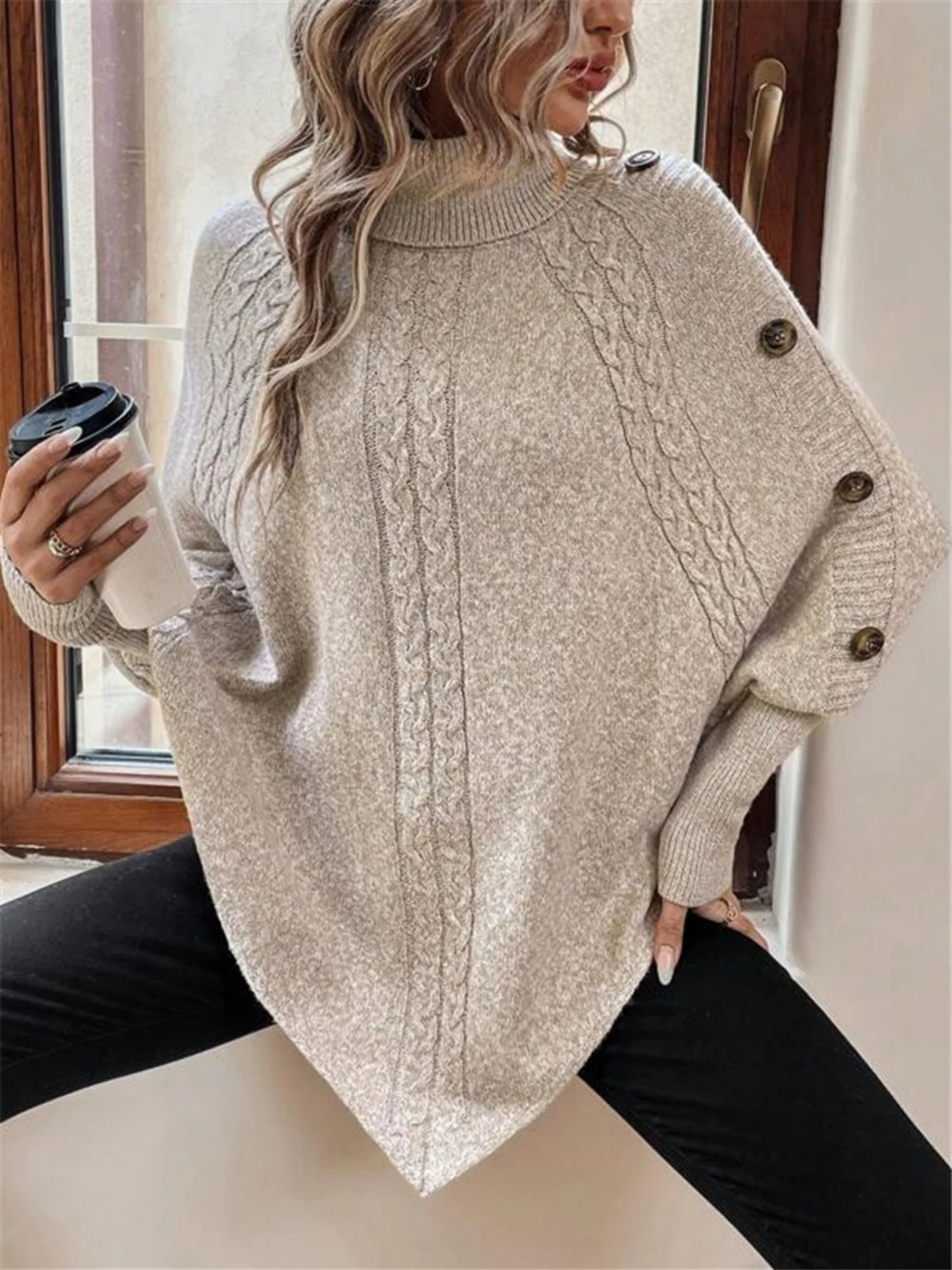 Turtleneck Buttons Batwing Shirt Cable Knit Sweater