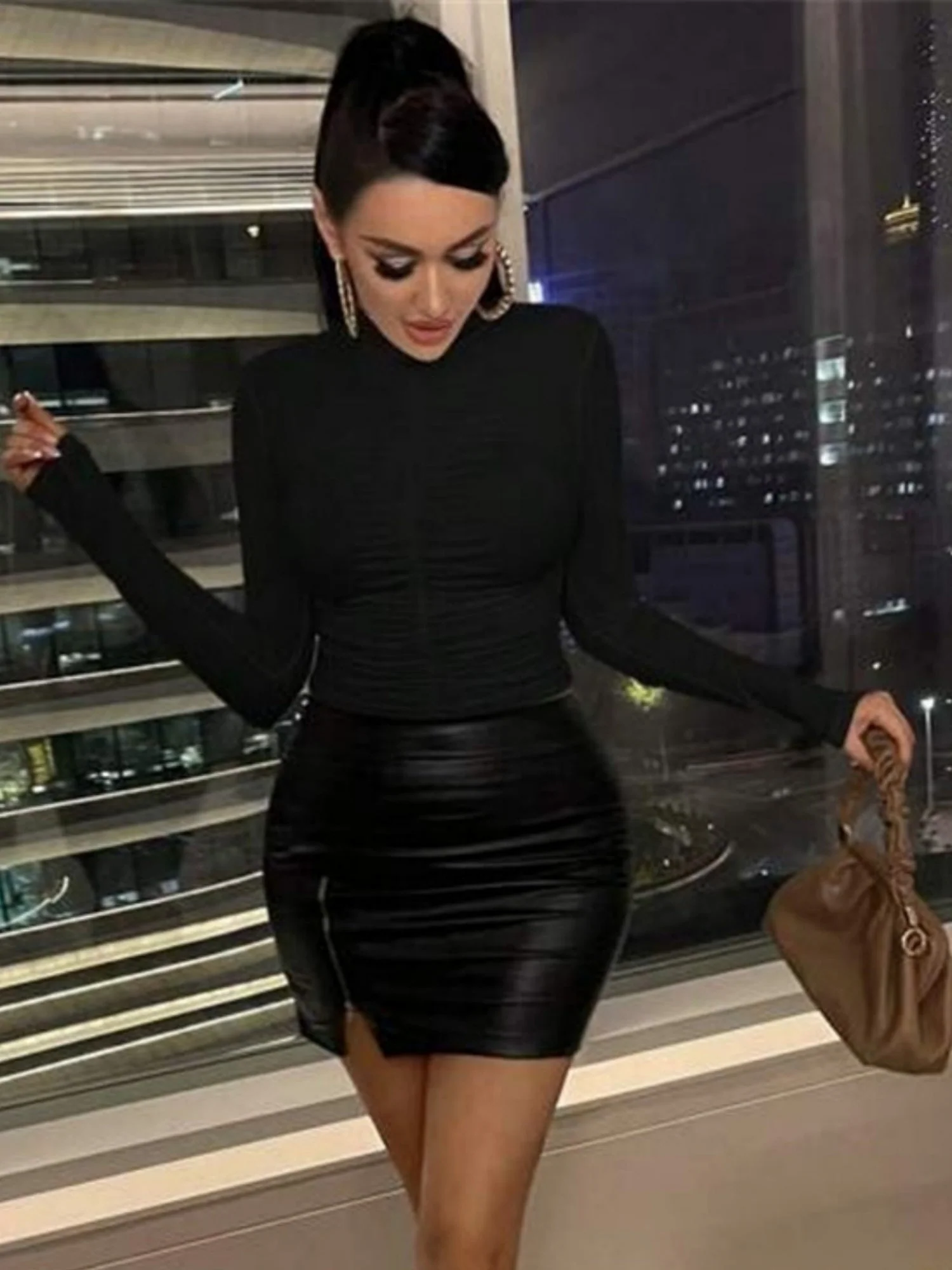 Pleated High Collar Long-sleeved T-shirt - Image 7