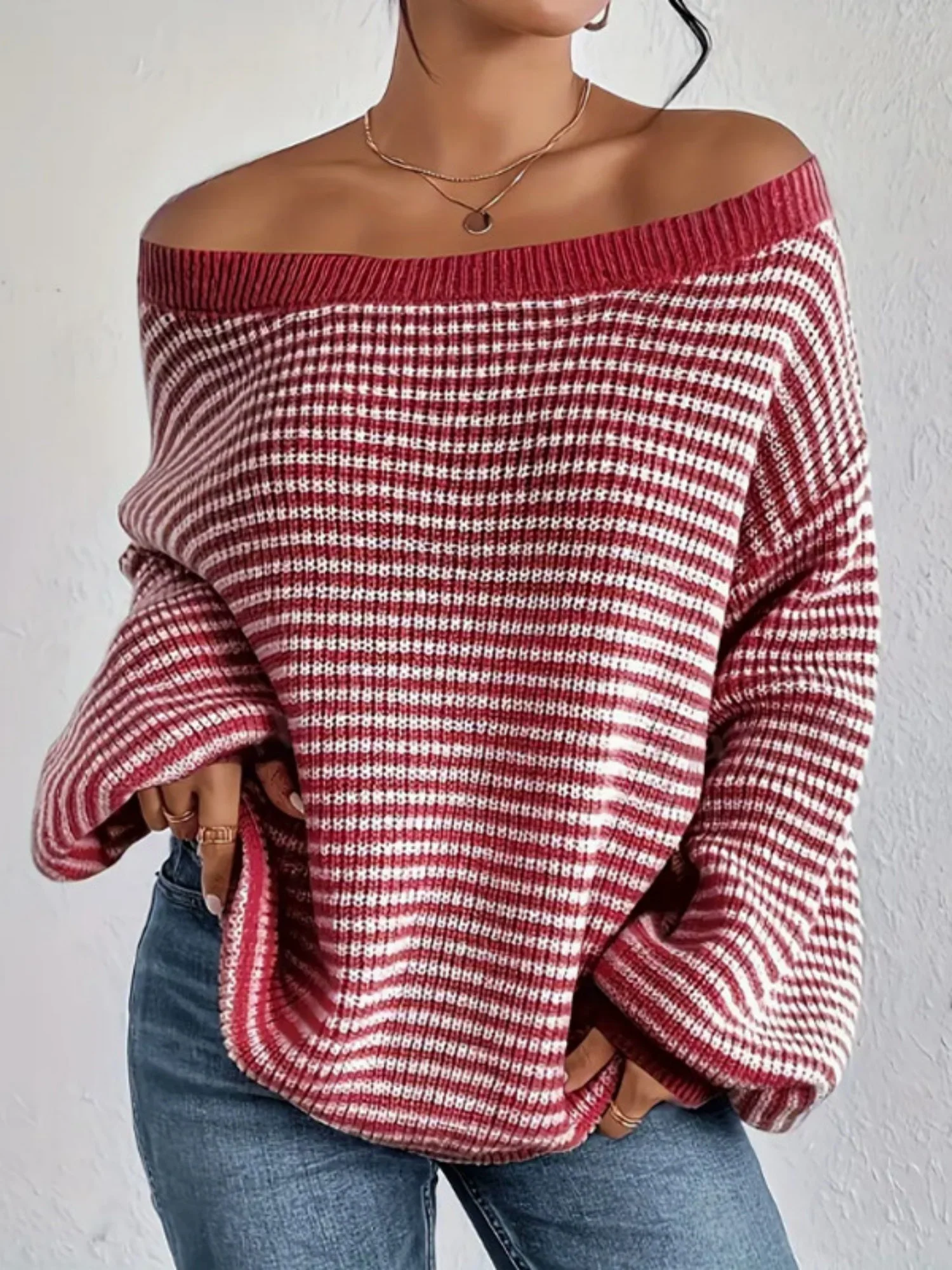 Stripes Off-the-shoulder Neckline Color Matching Knitted Sweater - Image 10