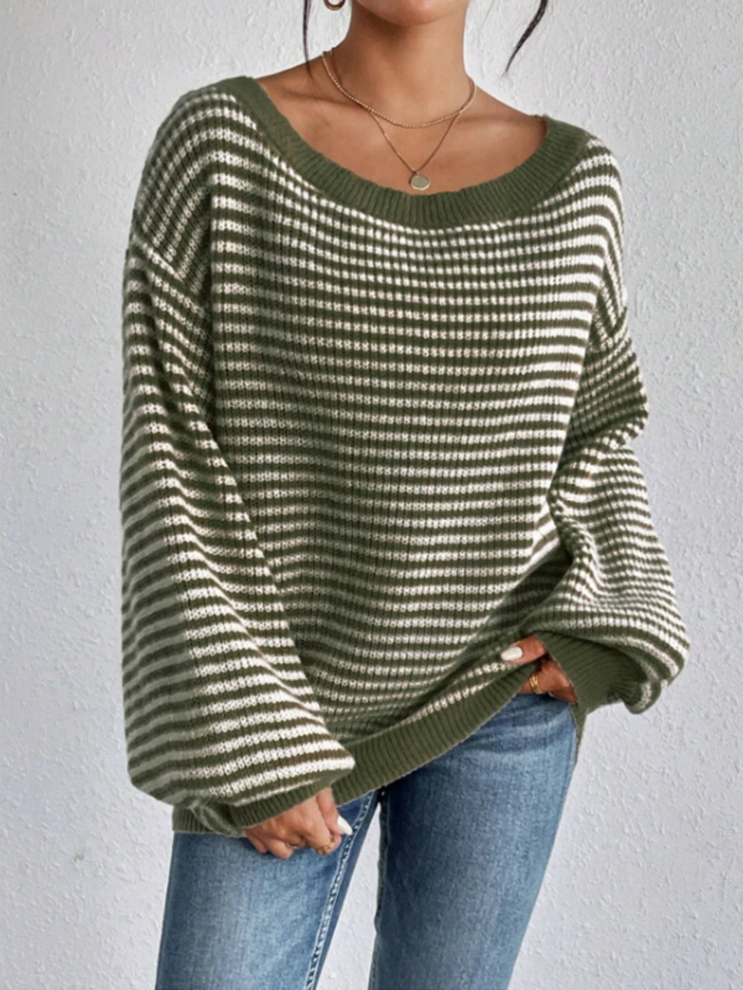 Stripes Off-the-shoulder Neckline Color Matching Knitted Sweater - Image 3