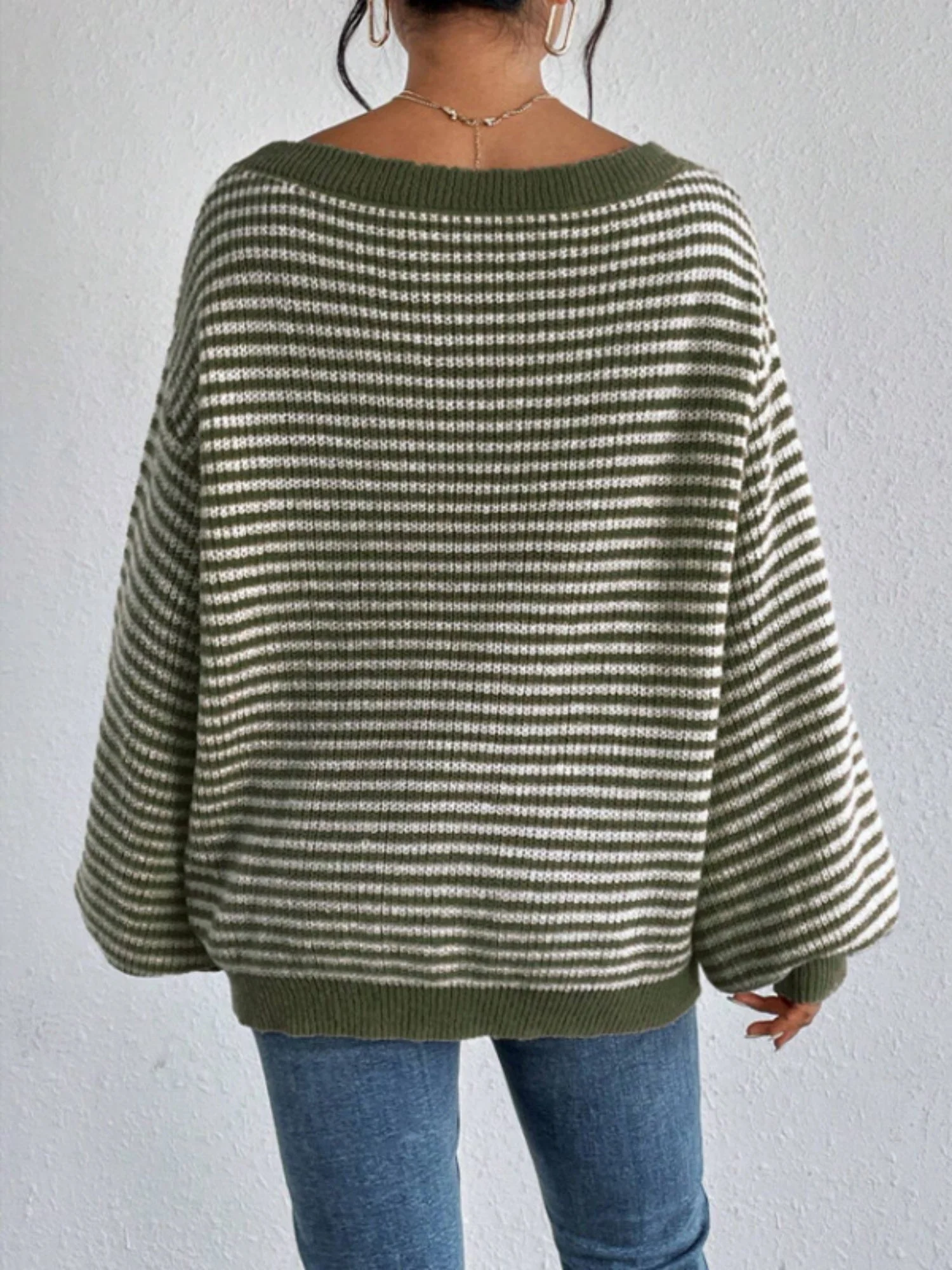 Stripes Off-the-shoulder Neckline Color Matching Knitted Sweater - Image 4
