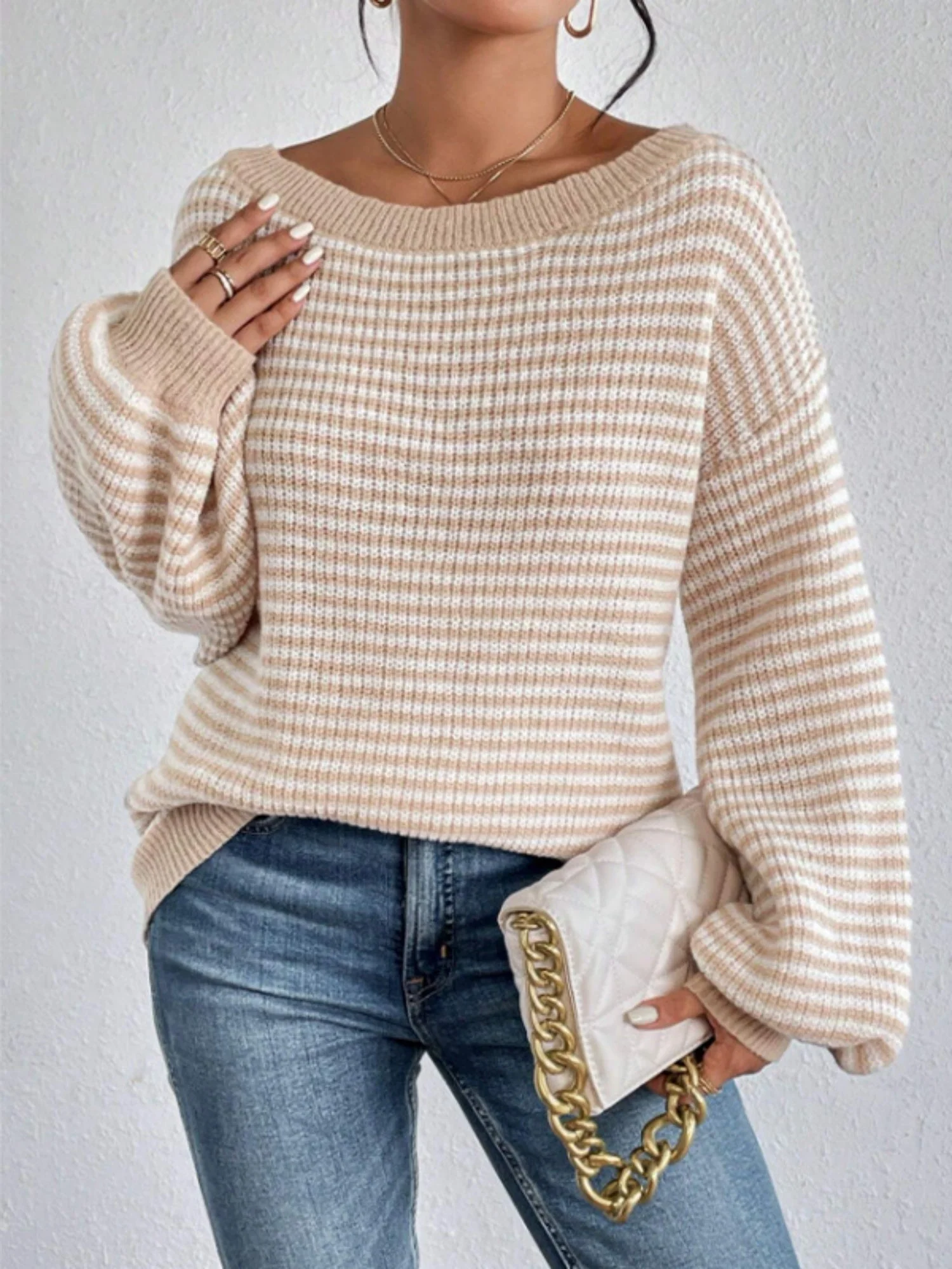 Stripes Off-the-shoulder Neckline Color Matching Knitted Sweater - Image 6