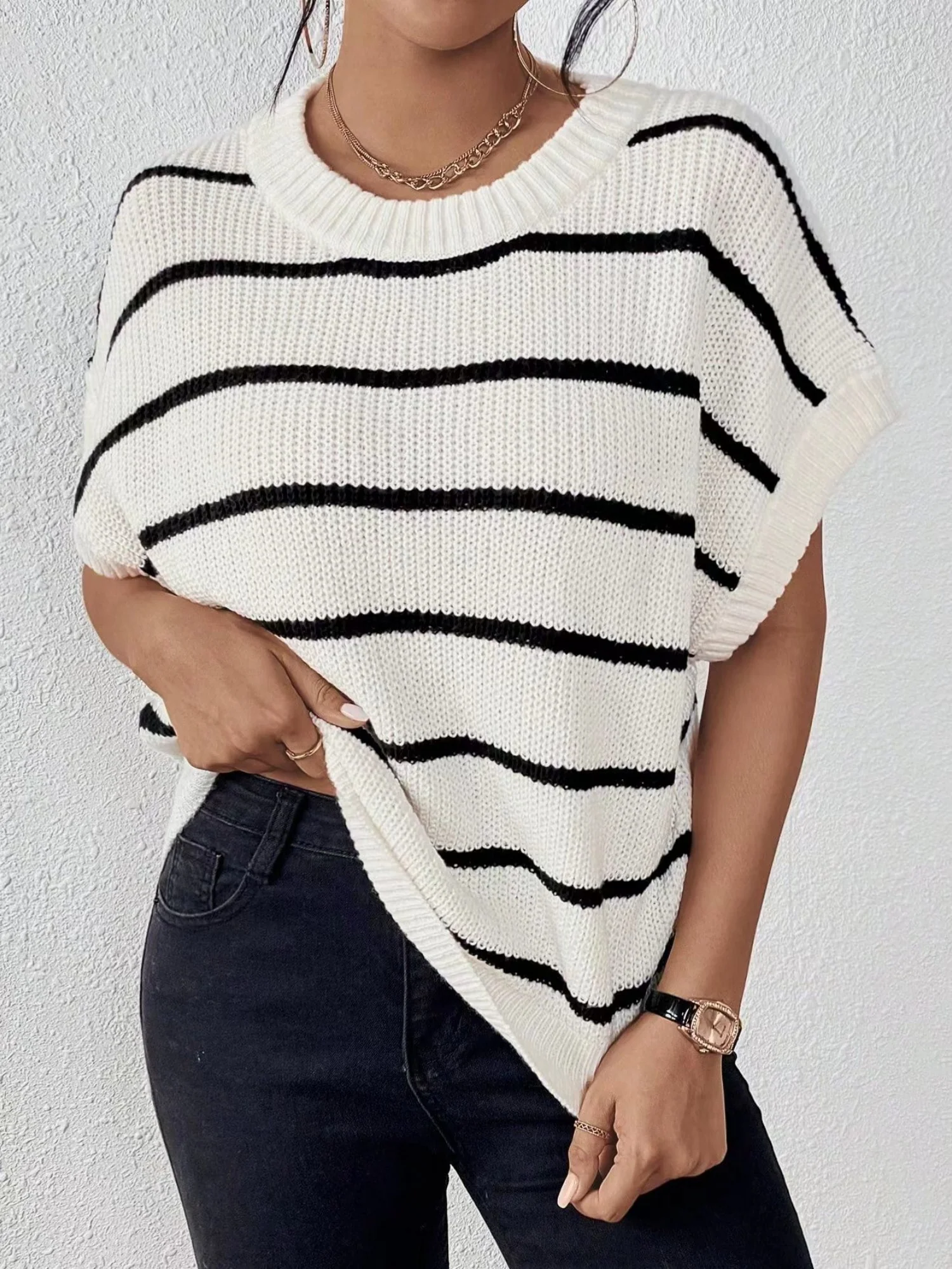 Stripes Color Matching Crew Neck Knitted T-shirt - Image 6