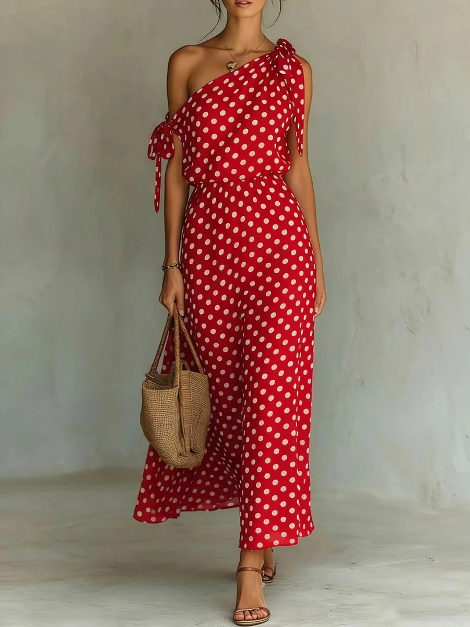 Polka Dots Sloping Shoulders Straps Maxi Dresses - Image 2