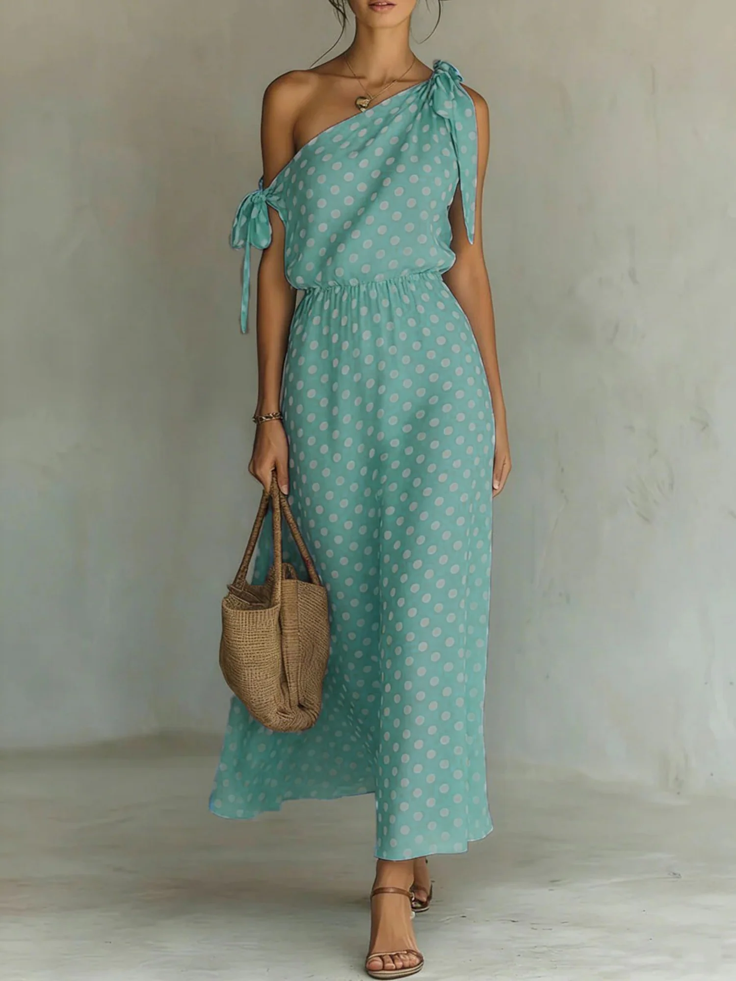 Polka Dots Sloping Shoulders Straps Maxi Dresses - Image 4