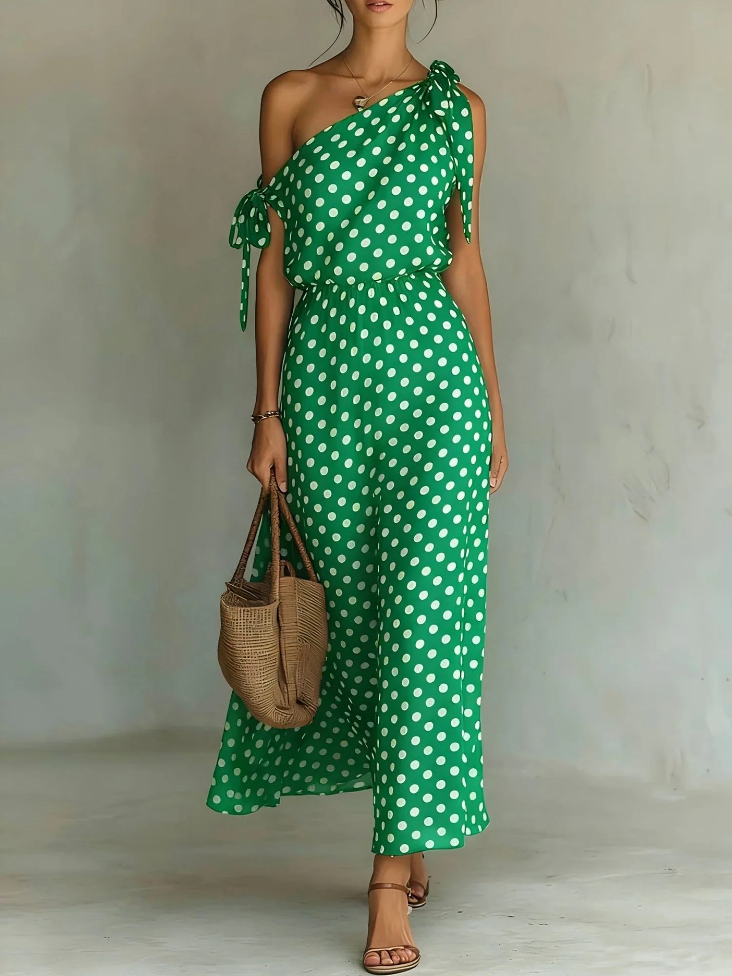 Polka Dots Sloping Shoulders Straps Maxi Dresses - Image 6