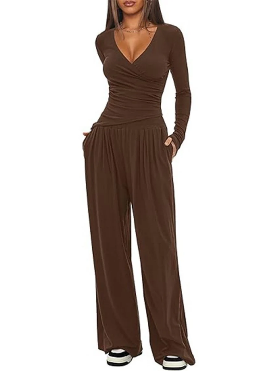 Long Sleeve V-neck T-shirt Loose-fit Wide-leg Pants Leisure 2-piece Sets - Image 11
