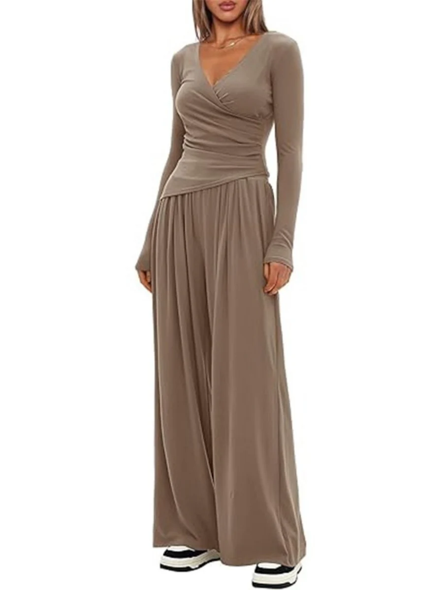 Long Sleeve V-neck T-shirt Loose-fit Wide-leg Pants Leisure 2-piece Sets - Image 13