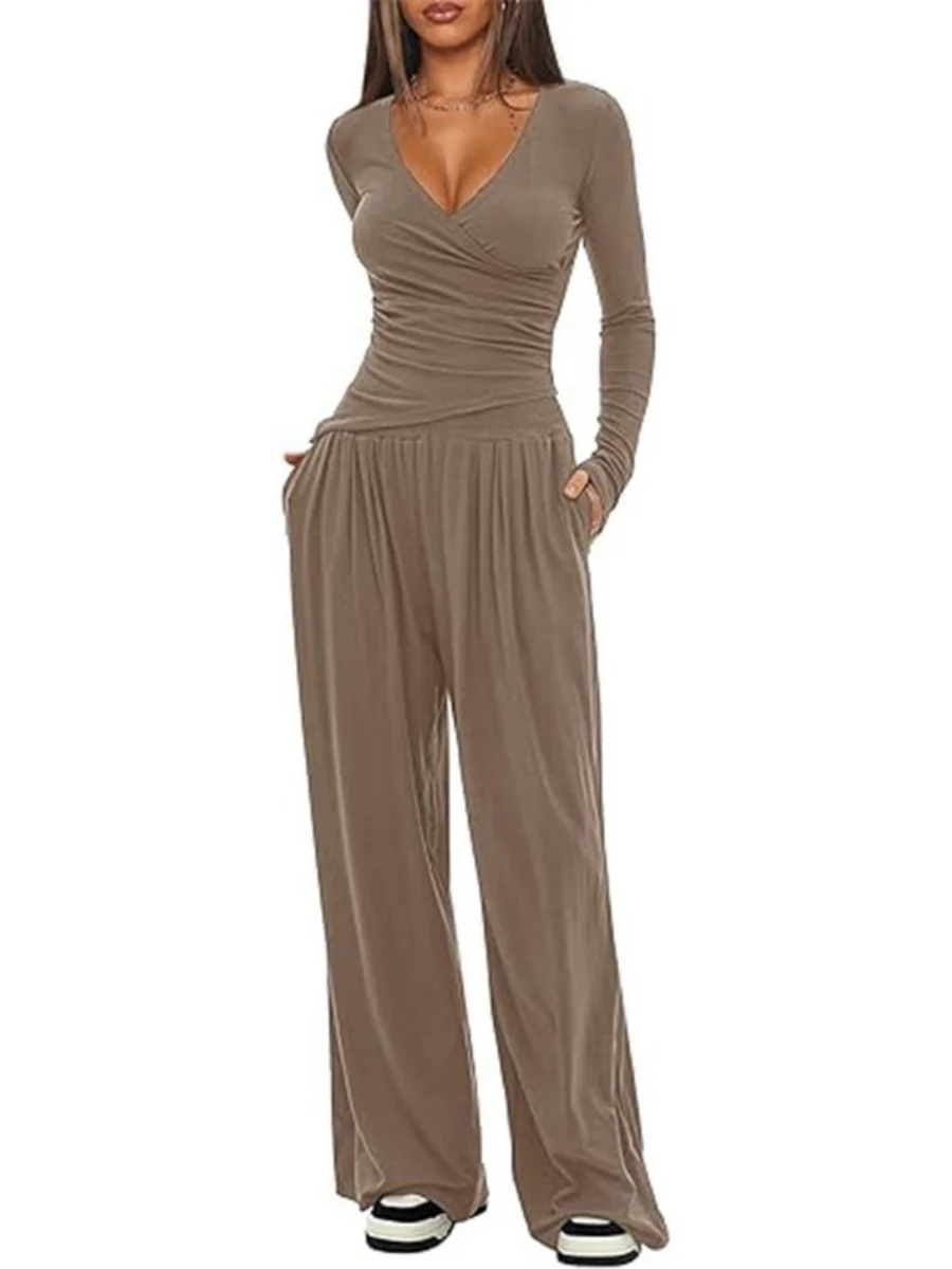 Long Sleeve V-neck T-shirt Loose-fit Wide-leg Pants Leisure 2-piece Sets - Image 15