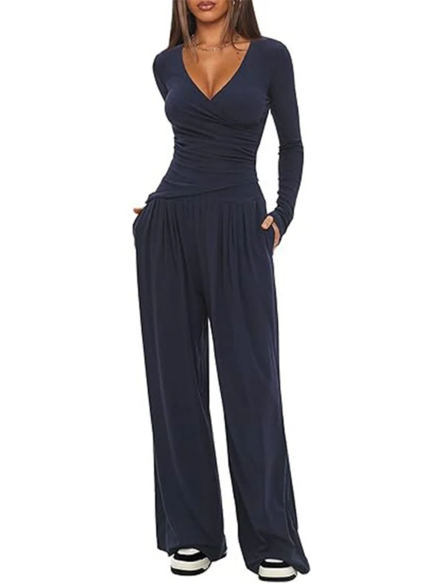 Long Sleeve V-neck T-shirt Loose-fit Wide-leg Pants Leisure 2-piece Sets - Image 3