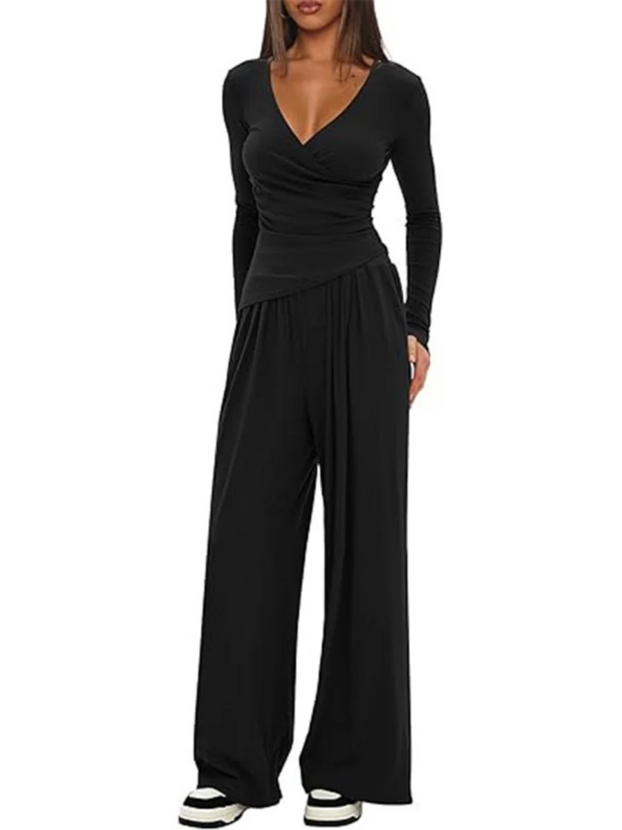 Long Sleeve V-neck T-shirt Loose-fit Wide-leg Pants Leisure 2-piece Sets - Image 4