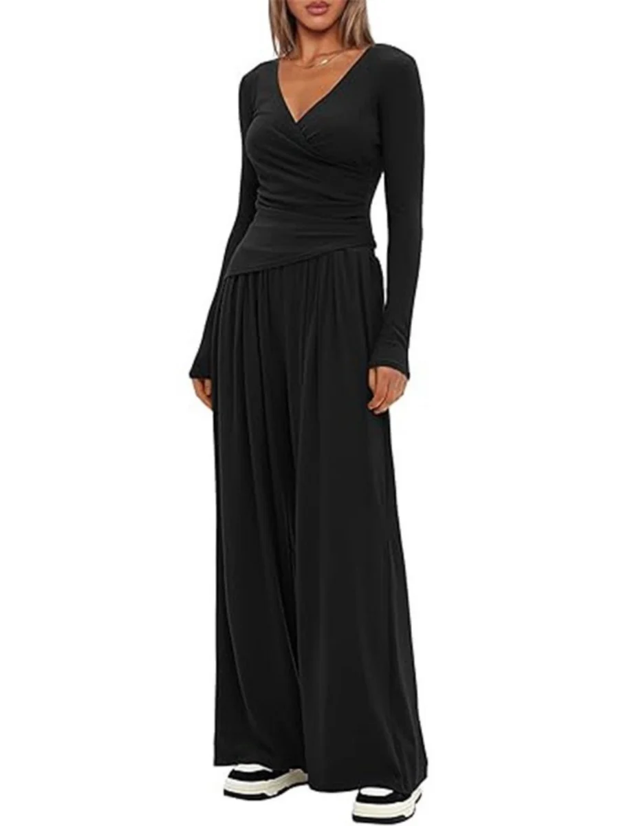 Long Sleeve V-neck T-shirt Loose-fit Wide-leg Pants Leisure 2-piece Sets - Image 5
