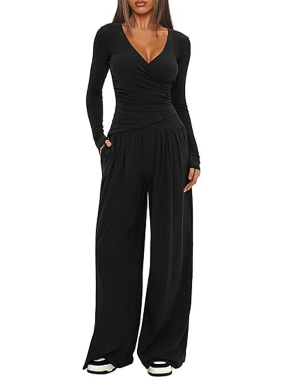 Long Sleeve V-neck T-shirt Loose-fit Wide-leg Pants Leisure 2-piece Sets - Image 7
