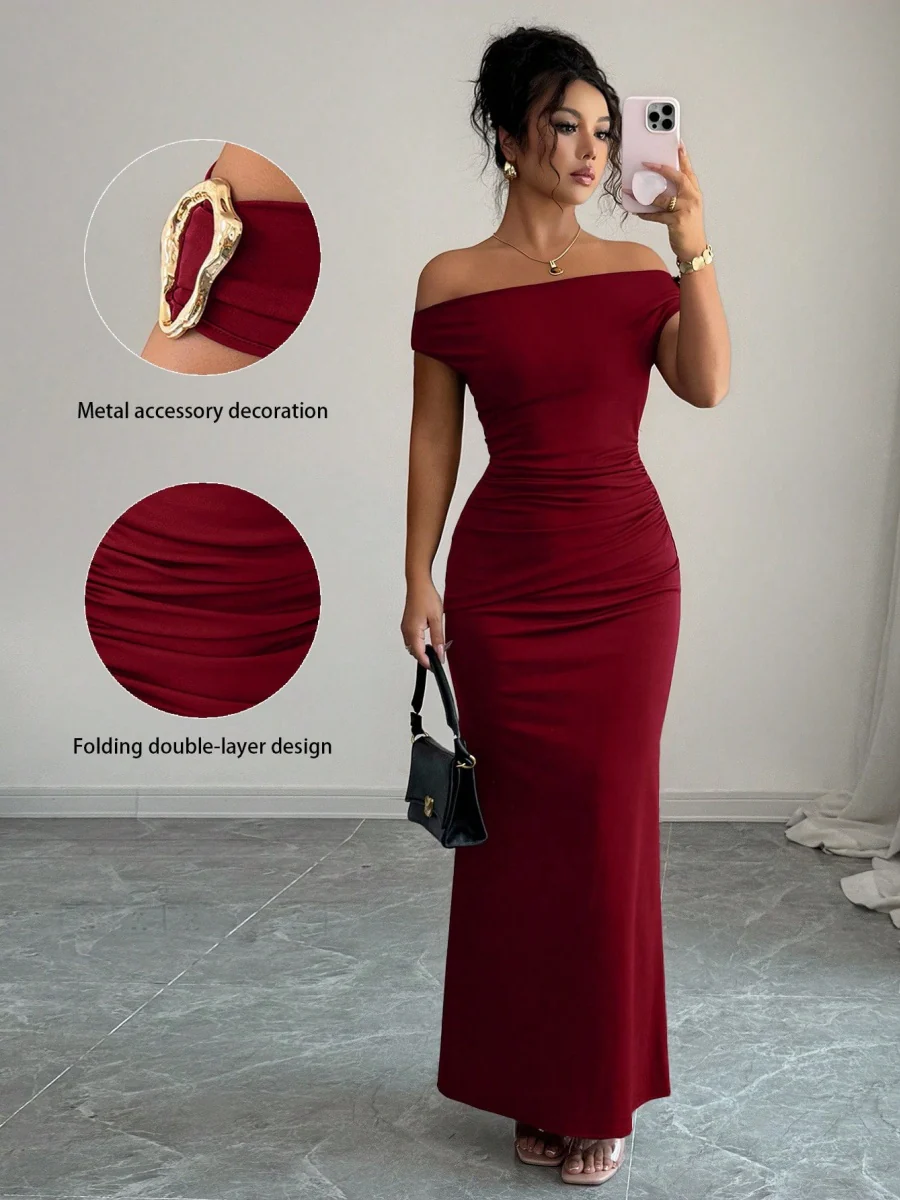 Off-shoulder Off Shoulder Pleated Metal Buckle Maxi Dresses - Image 2