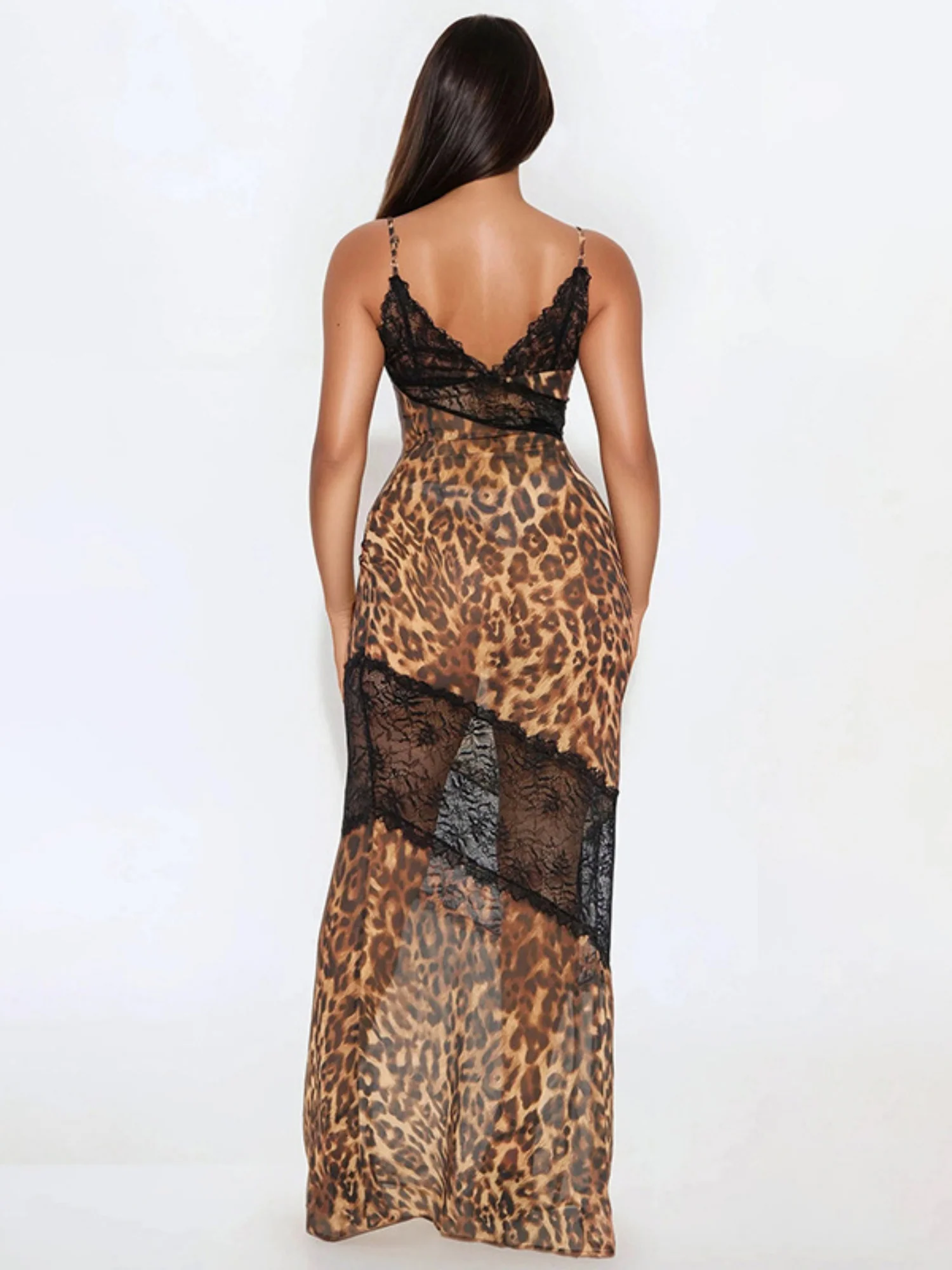 Leopard Print Lace Patchwork Deep V Halter Top Fish Tail Maxi Dresses - Image 2